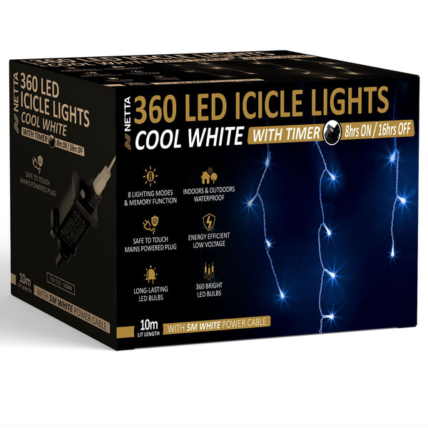 Icicle Lights 360 LED Outdoor Christmas Lights 10M Lit Length, Timer - Cool White, with White Cable