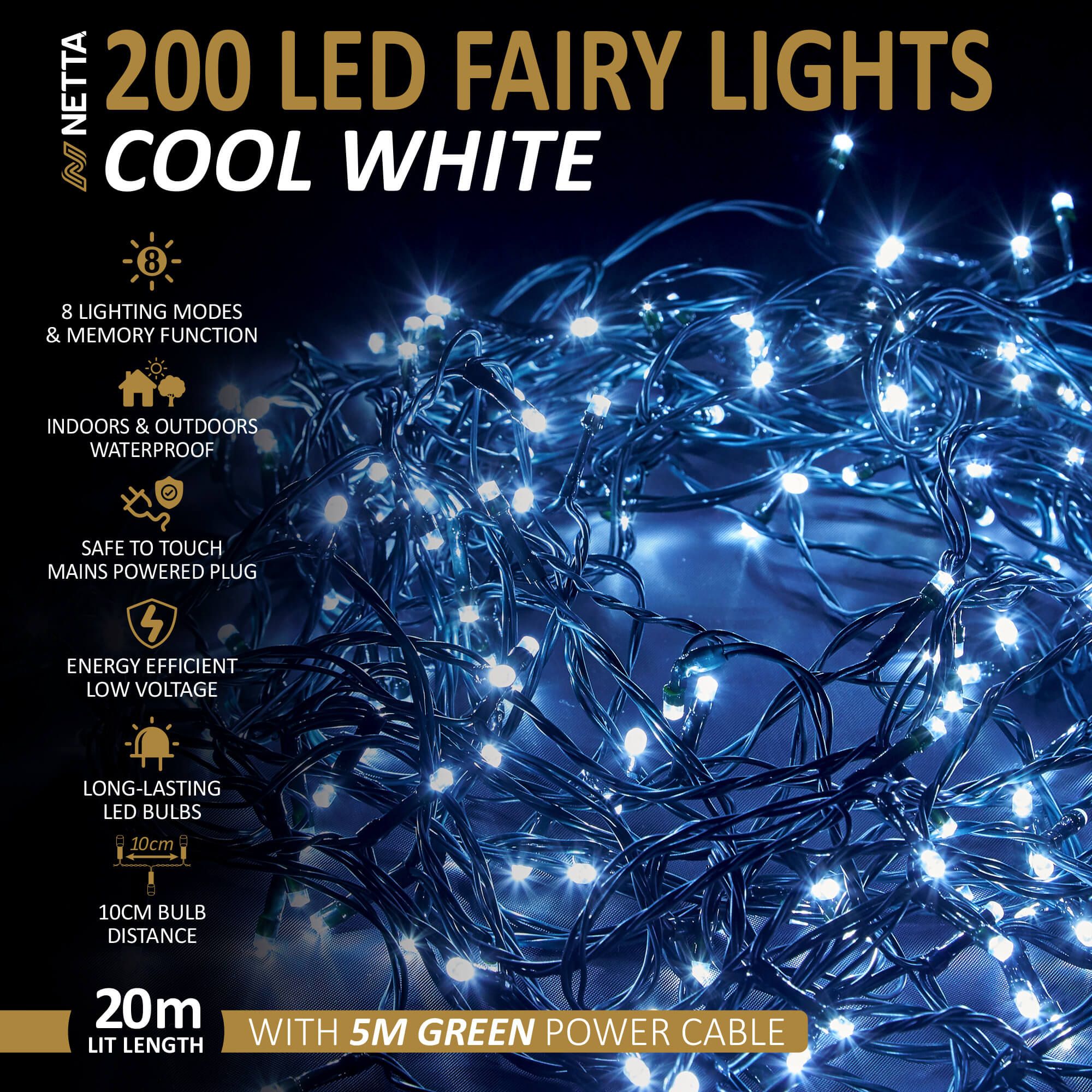 NETTA 200 LED 20M Fairy String Lights Outdoor and Indoor Plug In - Cool White