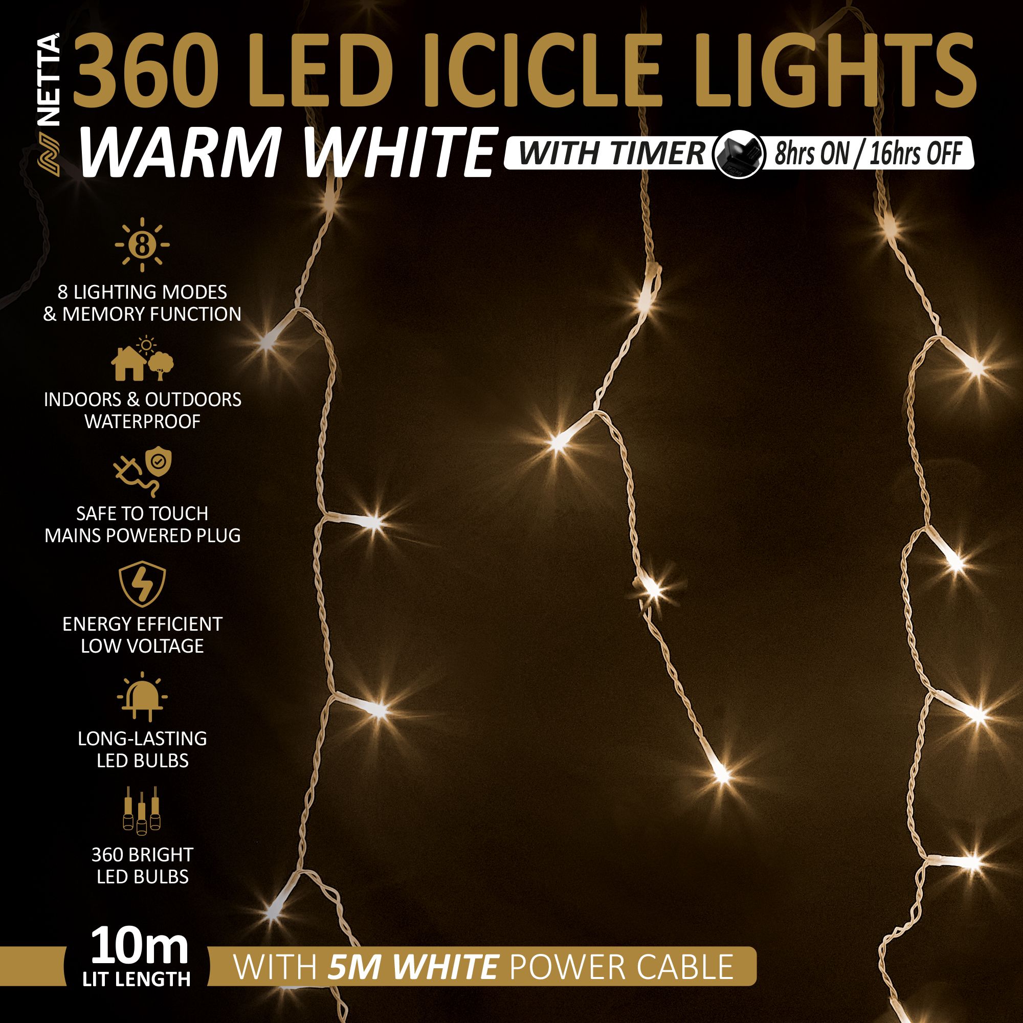 NETTA 360 LED Icicle Lights Outdoor Christmas Lights 10M Lit Length, Timer - Warm White, with White Cable