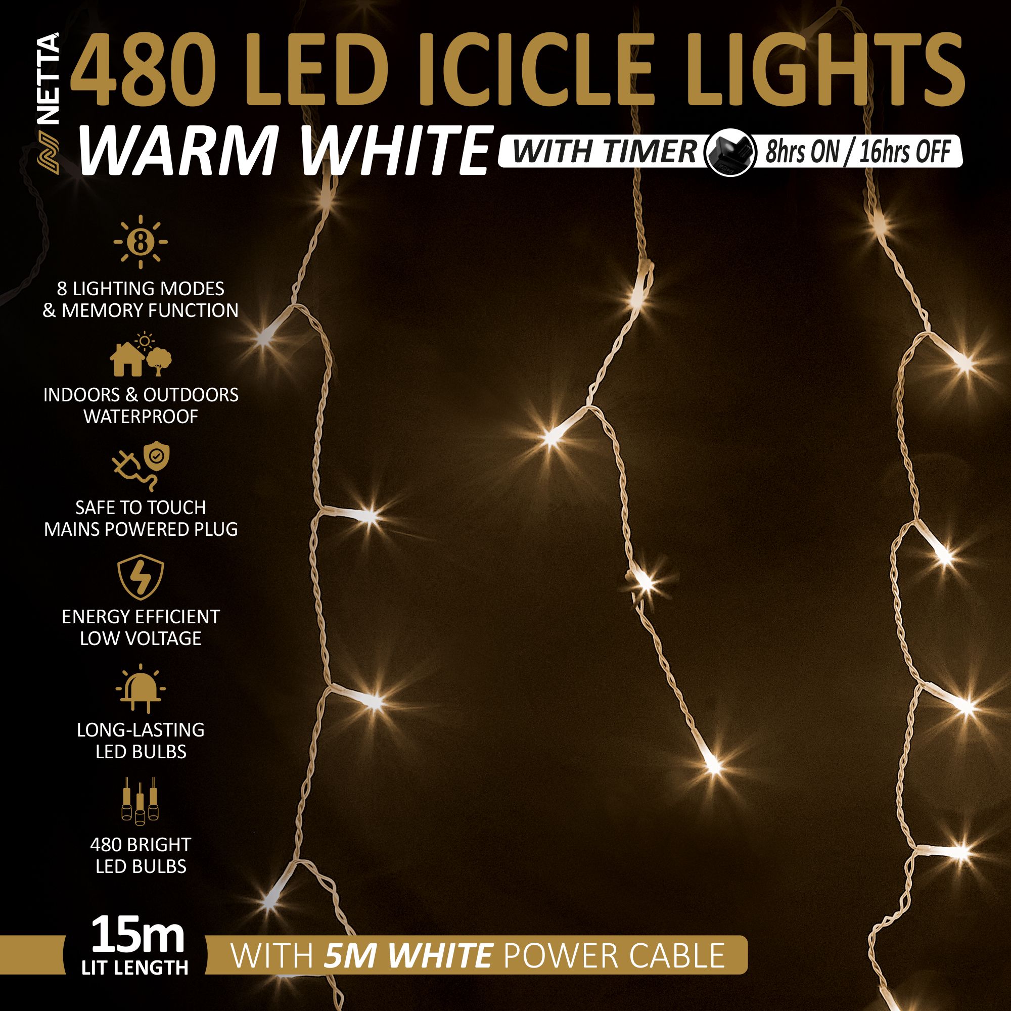 NETTA 480 LED Icicle Lights Outdoor Christmas Lights 15M Lit Length, Timer - Warm White, with White Cable