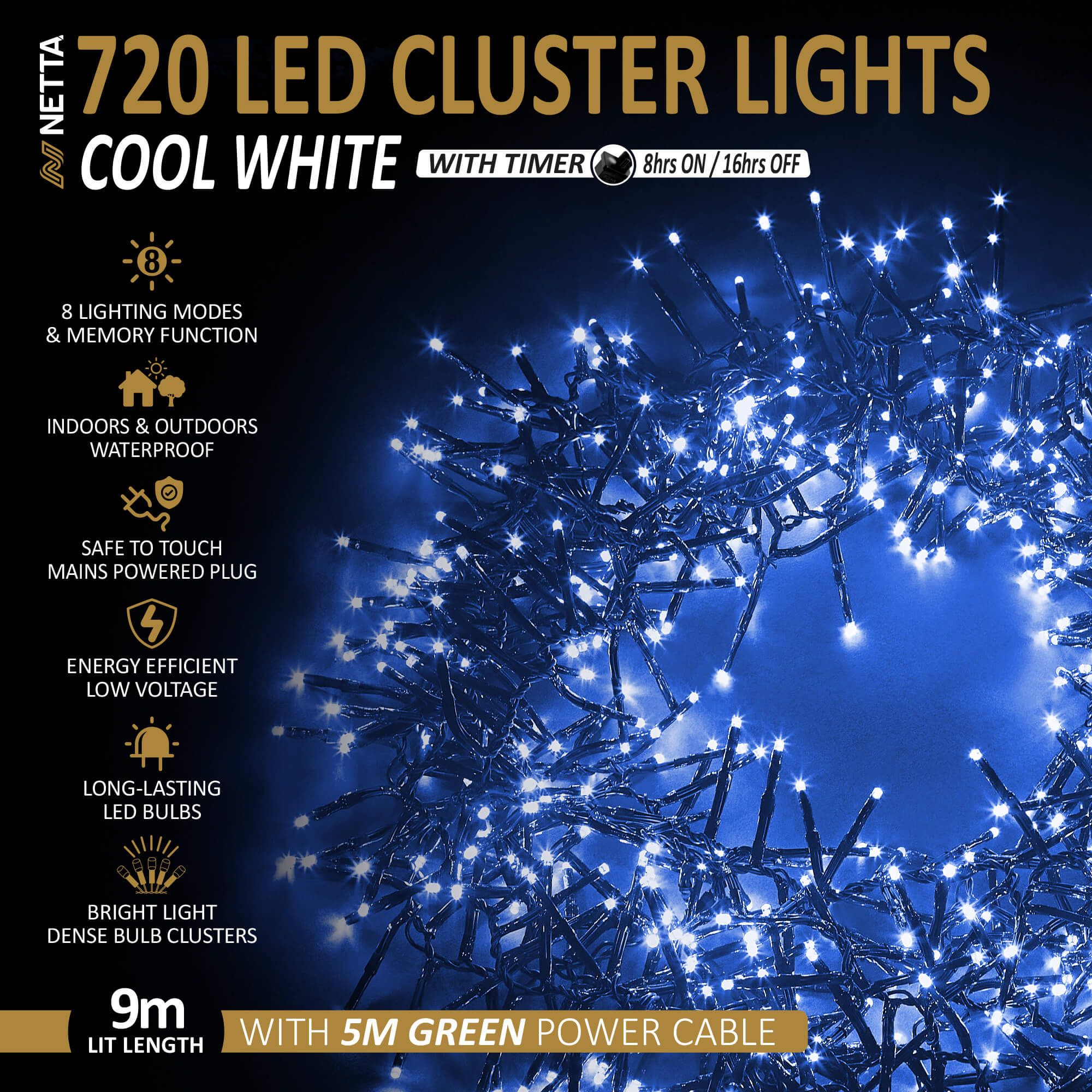 720 LED 9M Cluster String Lights Outdoor and Indoor Plug In - Cool White
