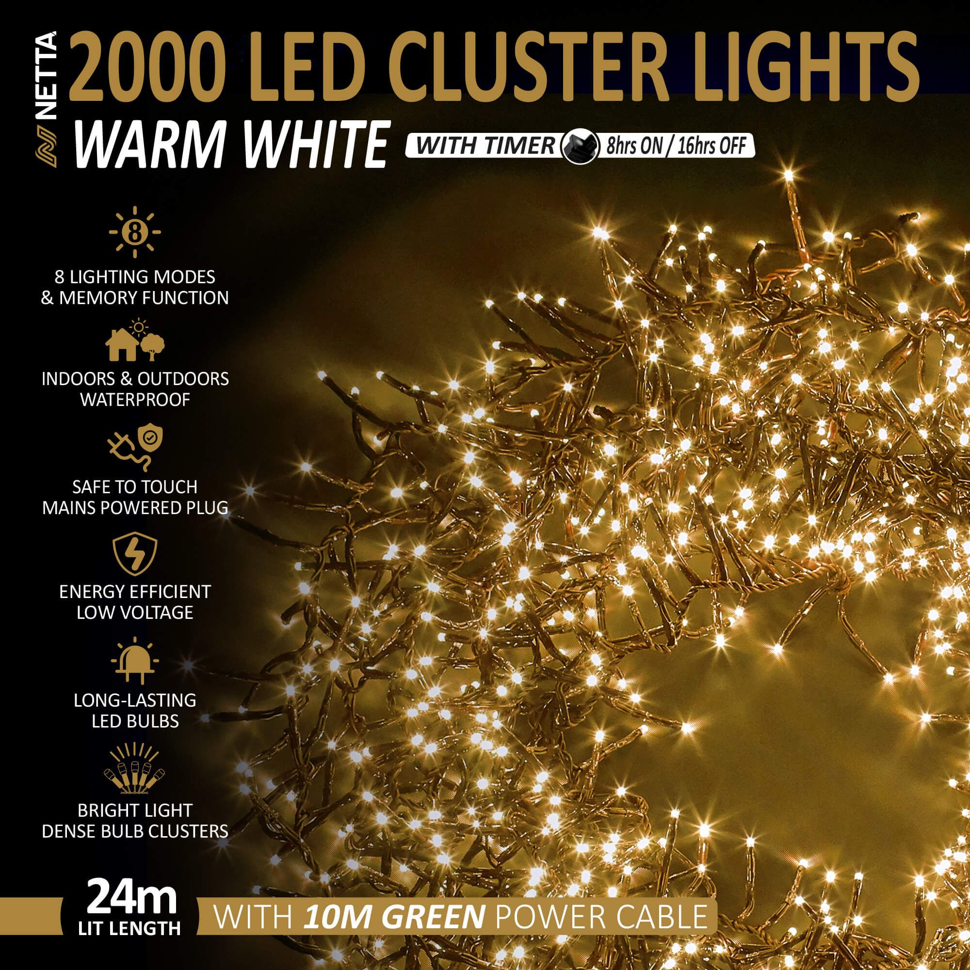 2000 LED 24M Cluster String Lights Outdoor and Indoor Plug In - Warm White