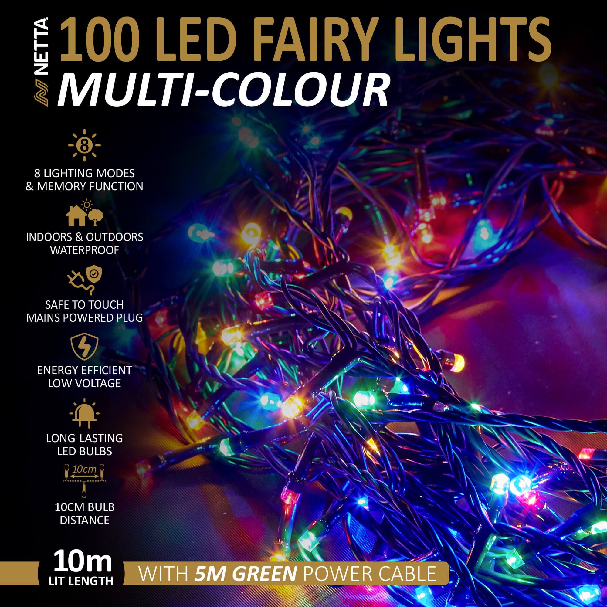 NETTA 100 LED 10M Fairy String Lights Outdoor and Indoor Plug In - Multi Colour