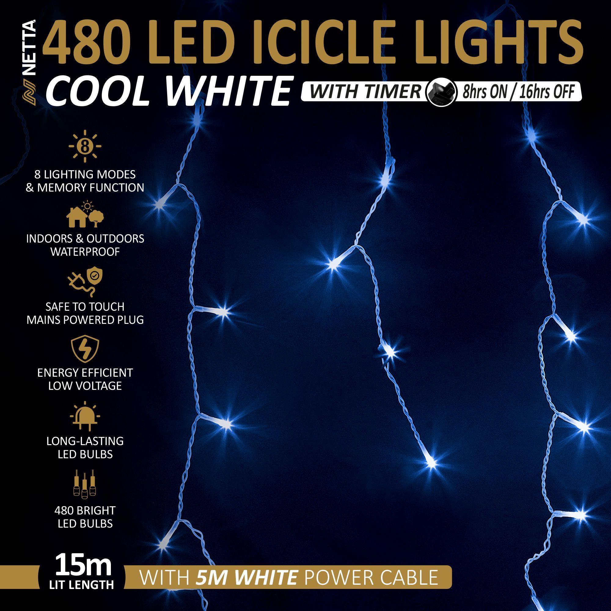 NETTA Icicle Lights 480 LED Outdoor Christmas Lights 15M Lit Length, Timer - Cool White, with White Cable