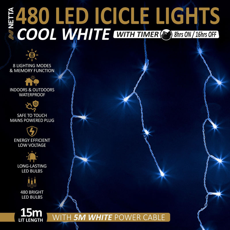Icicle Lights 480 LED Outdoor Christmas Lights 15M Lit Length, Timer - Cool White, with White Cable