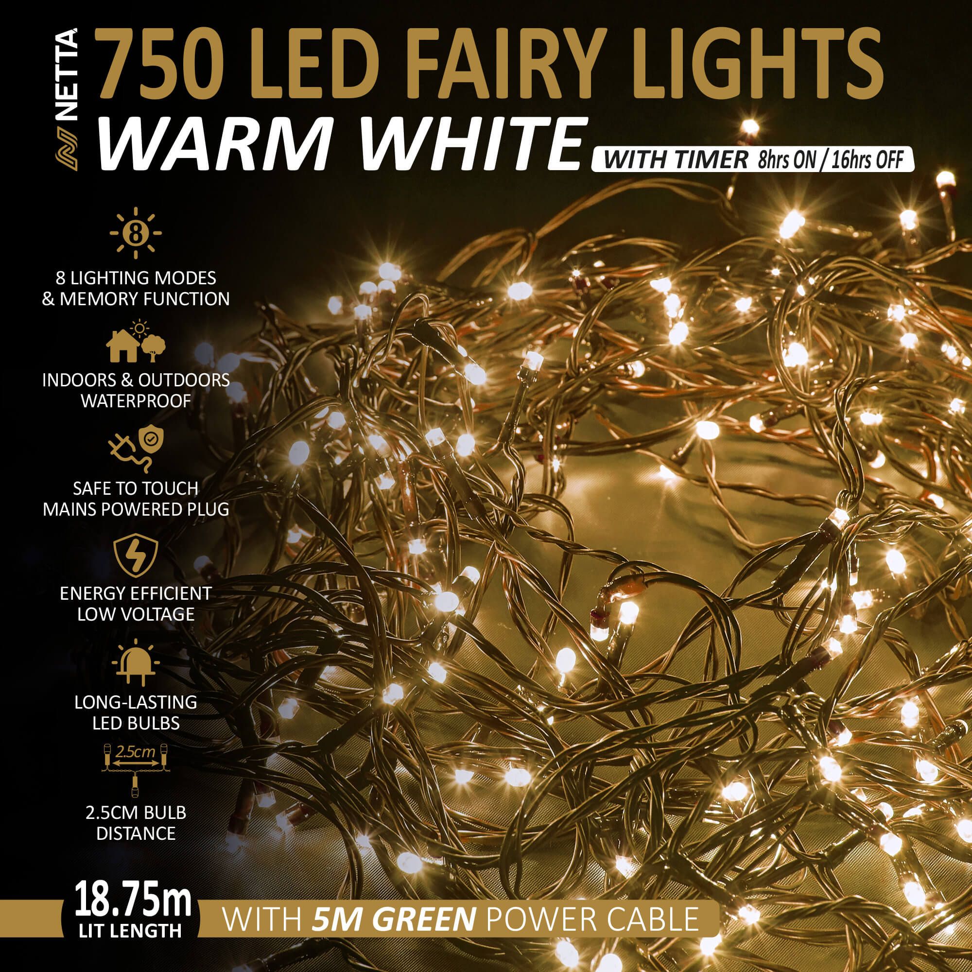 NETTA 750 LED Fairy String Lights 18.75M Indoor & Outdoor Christmas Tree Lights Green Cable - Warm White