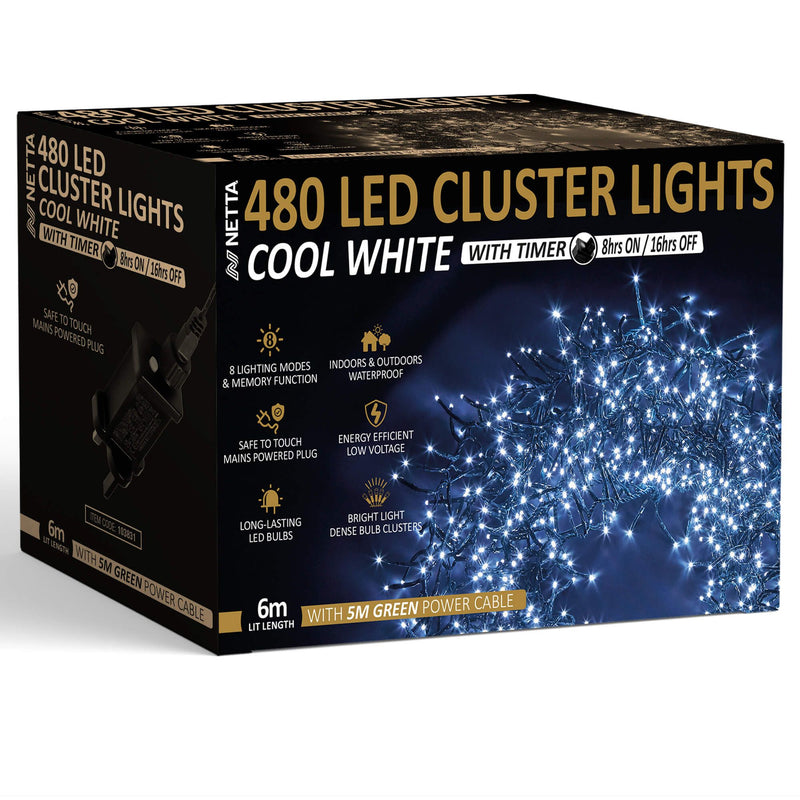 480 LED 6M Cluster String Lights Outdoor and Indoor Plug In - Cool White