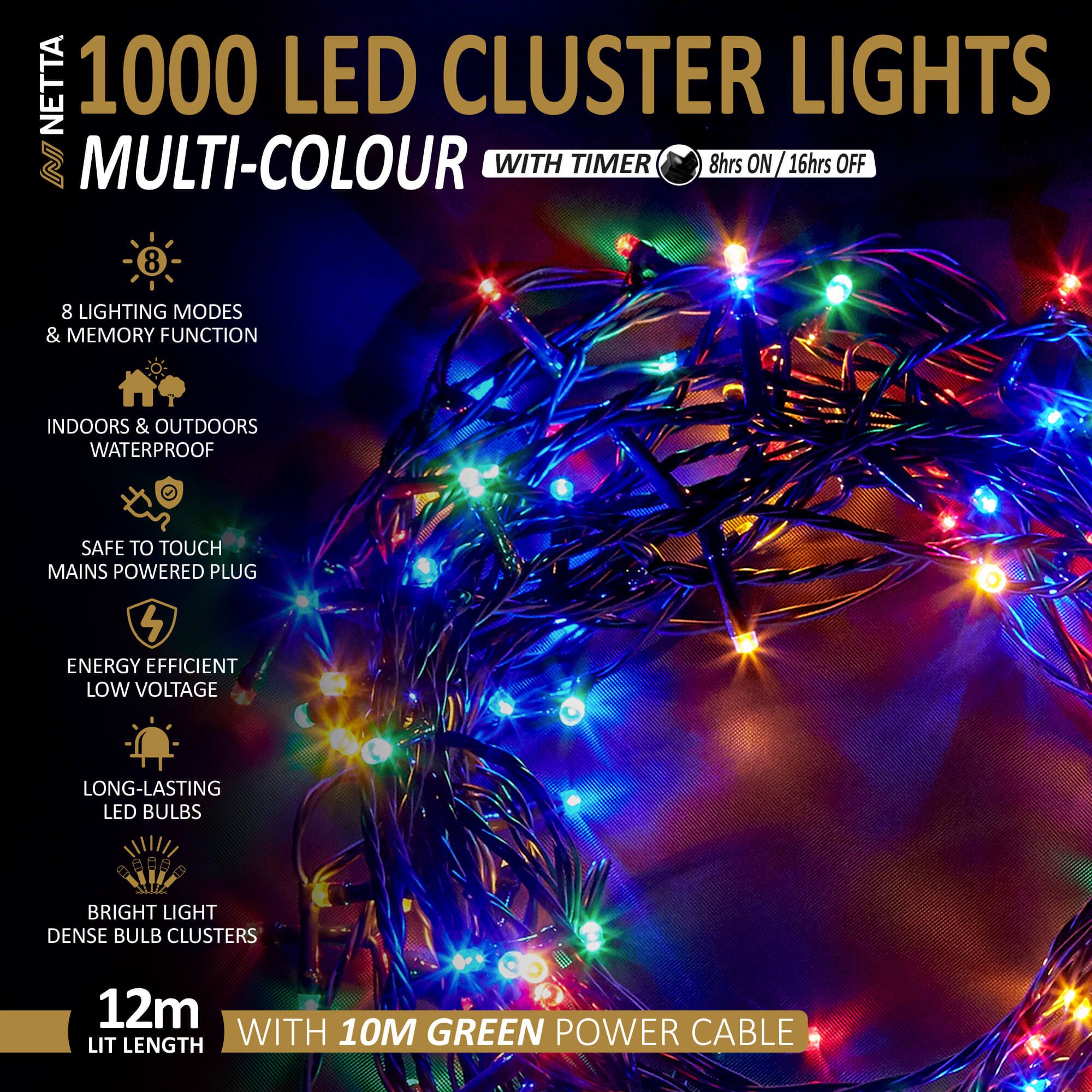 NETTA 1000 LED 12M Cluster String Lights Outdoor and Indoor Plug In - Multi Colour