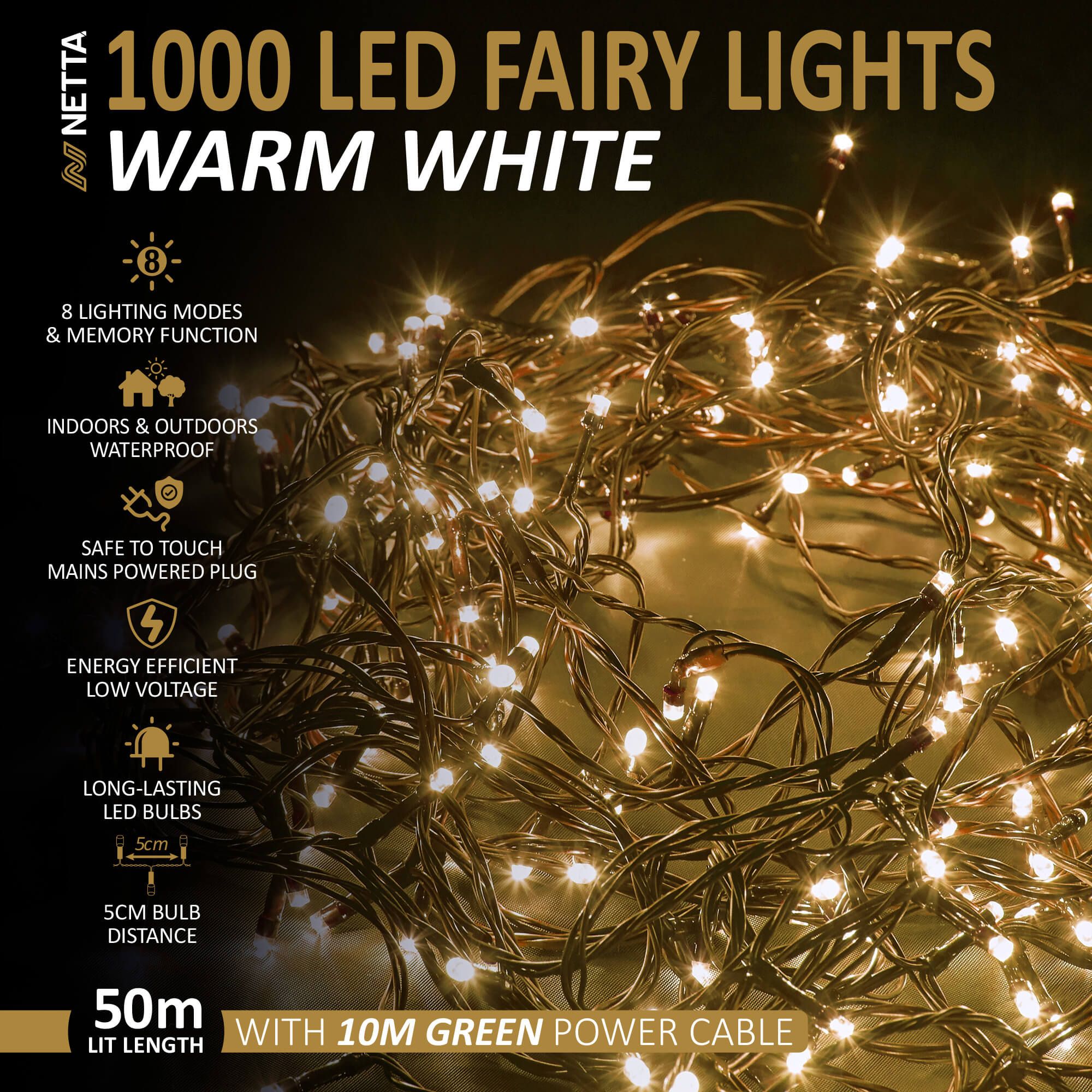 NETTA 1000 LED Fairy Lights 50M Christmas Tree Lights Green Cable - Warm White