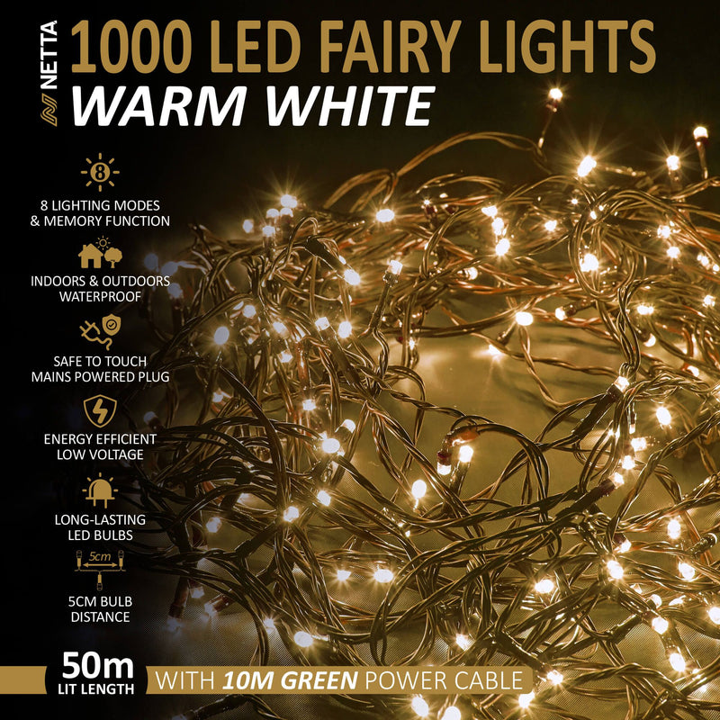 1000 LED Fairy Lights 50M Christmas Tree Lights Green Cable - Warm White