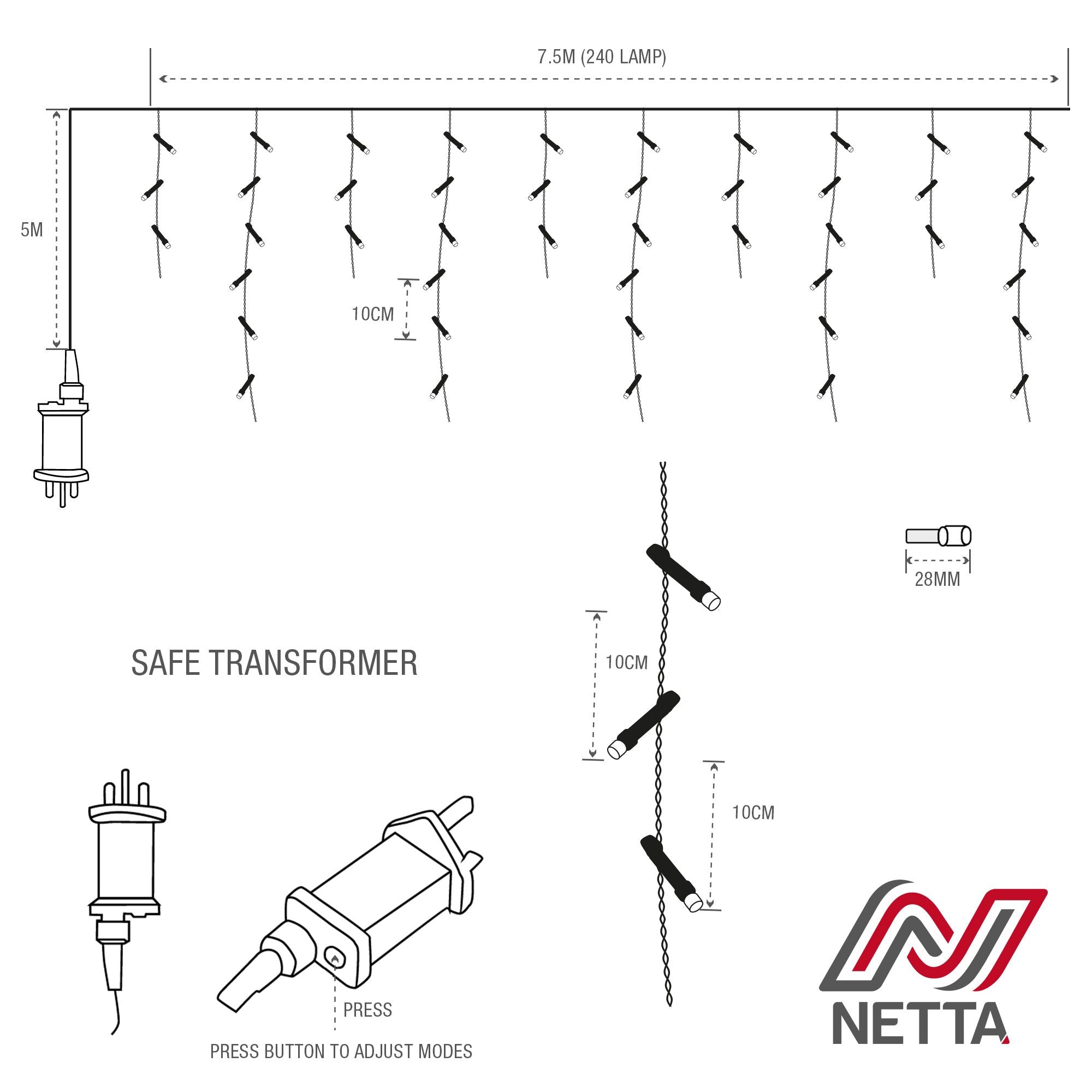 NETTA 240 LED Icicle Lights 7.5M Outdoor Christmas Lights - Cool White, with White Cable