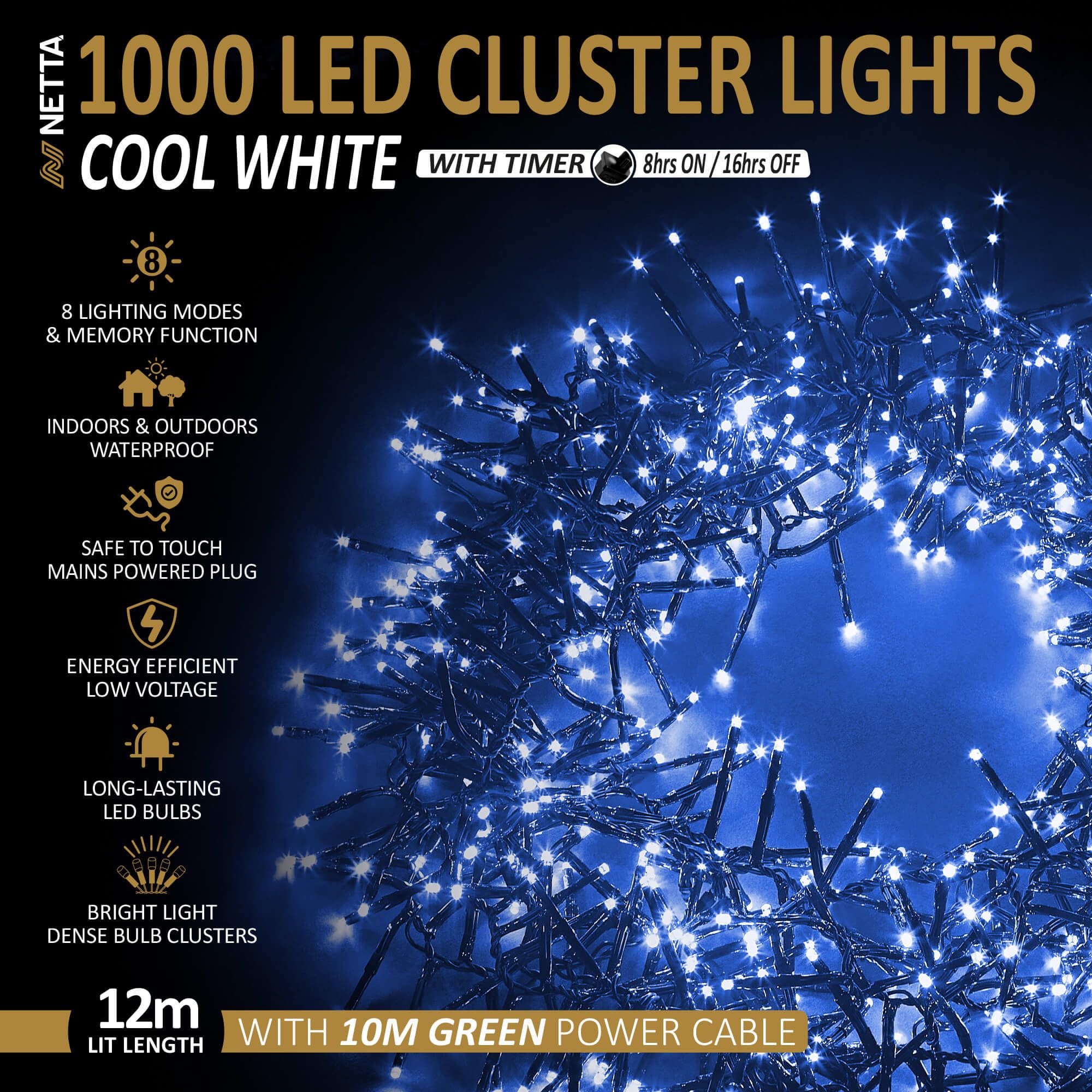 NETTA 1000 LED 12M Cluster String Lights Outdoor and Indoor Plug In - Cool White
