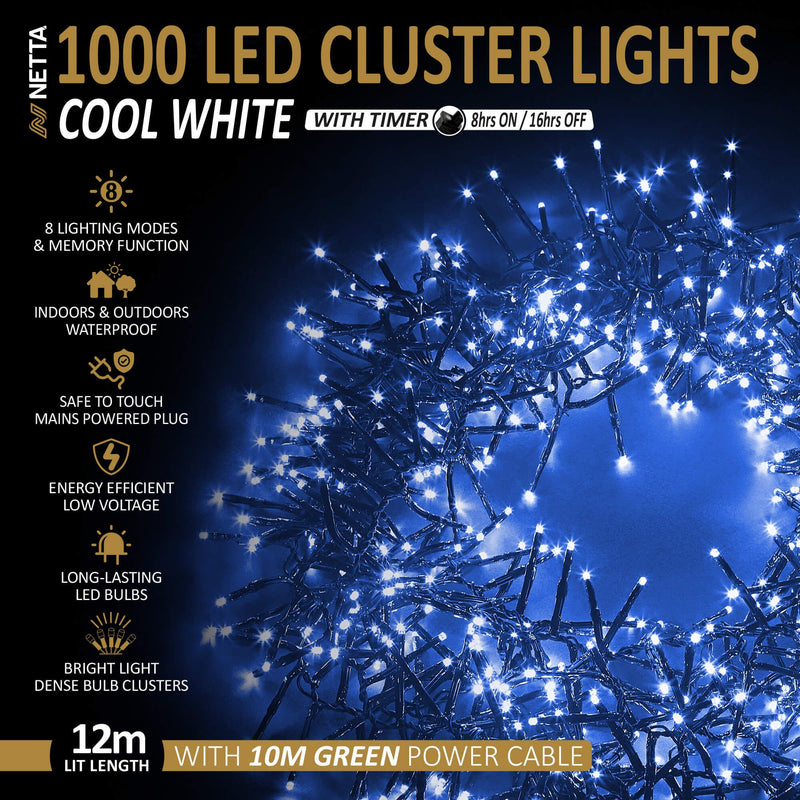 1000 LED 12M Cluster String Lights Outdoor and Indoor Plug In - Cool White