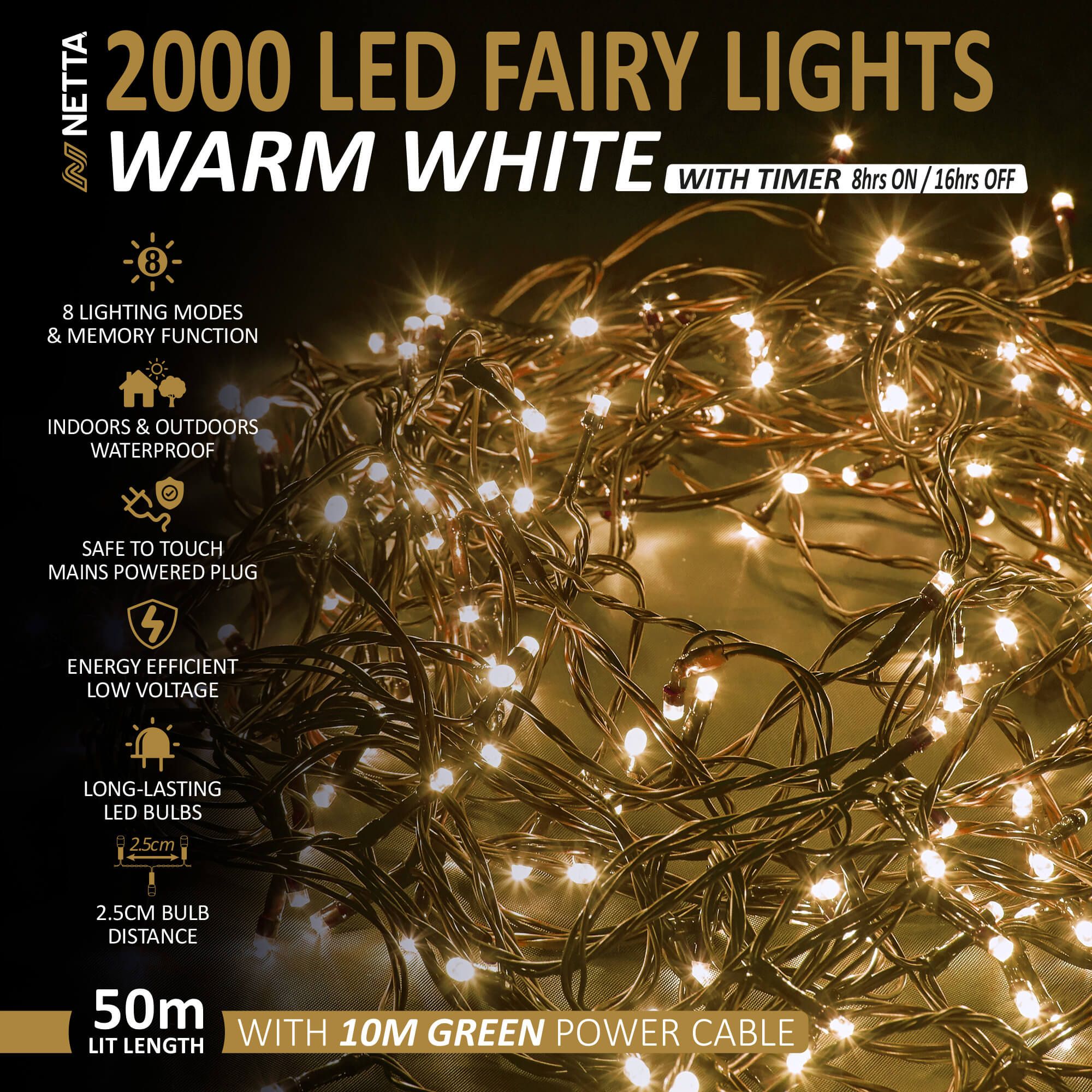 NETTA 2000 LED Fairy String Lights 50M Indoor & Outdoor Christmas Tree Lights Green Cable - Warm White