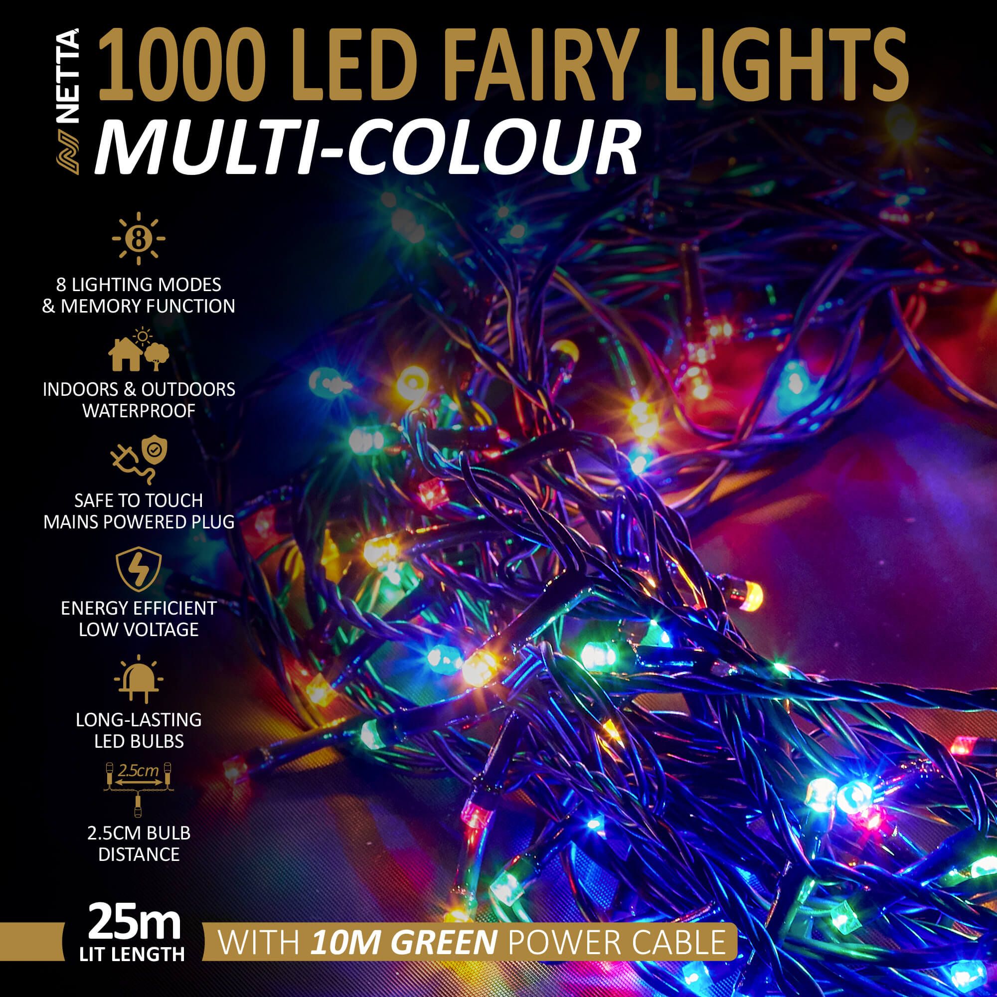 NETTA 1000 LED Fairy Close-set String Lights 25M Christmas Tree Lights Green Cable - Multi Colour