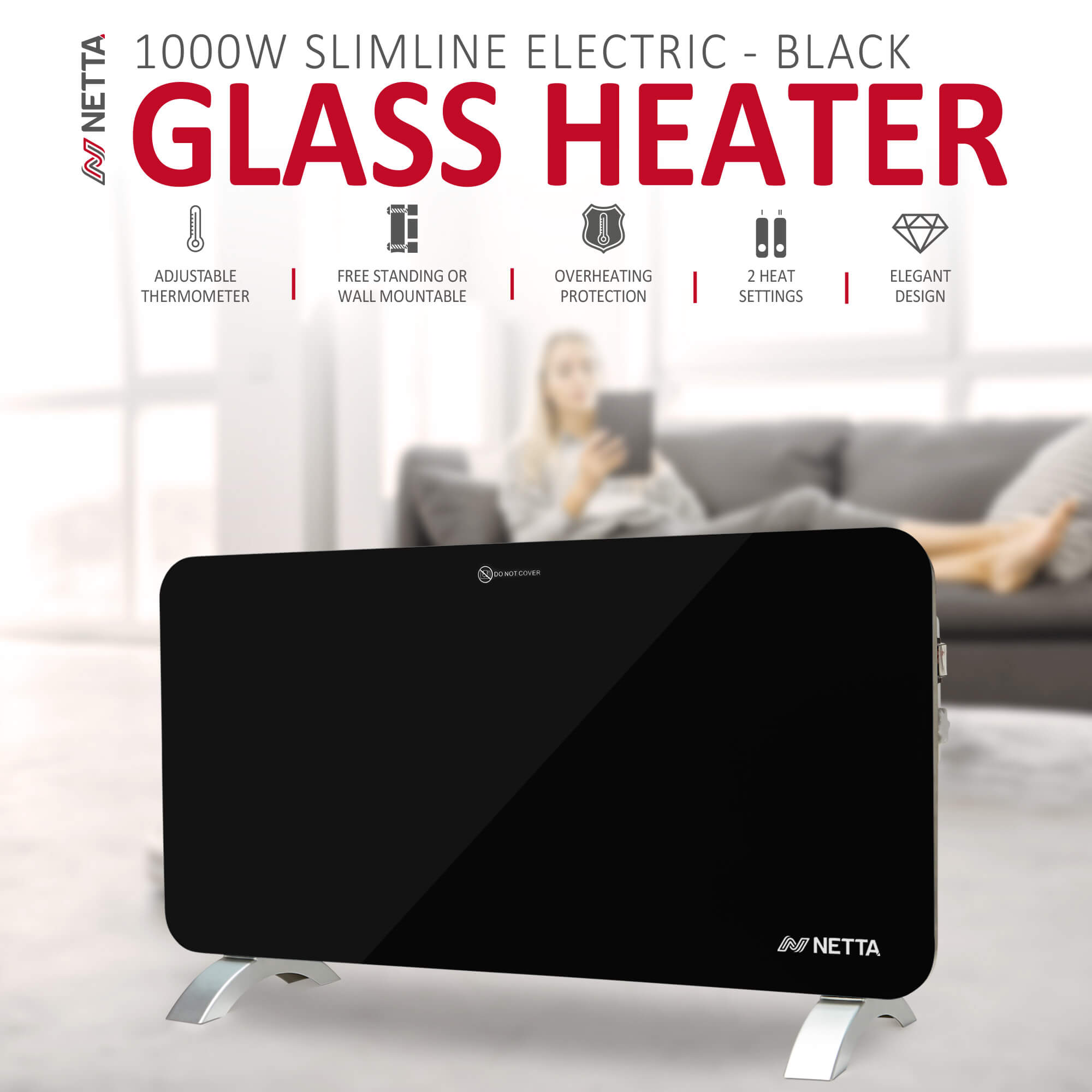 NETTA 1000W Slimline Glass Panel Heater - Black