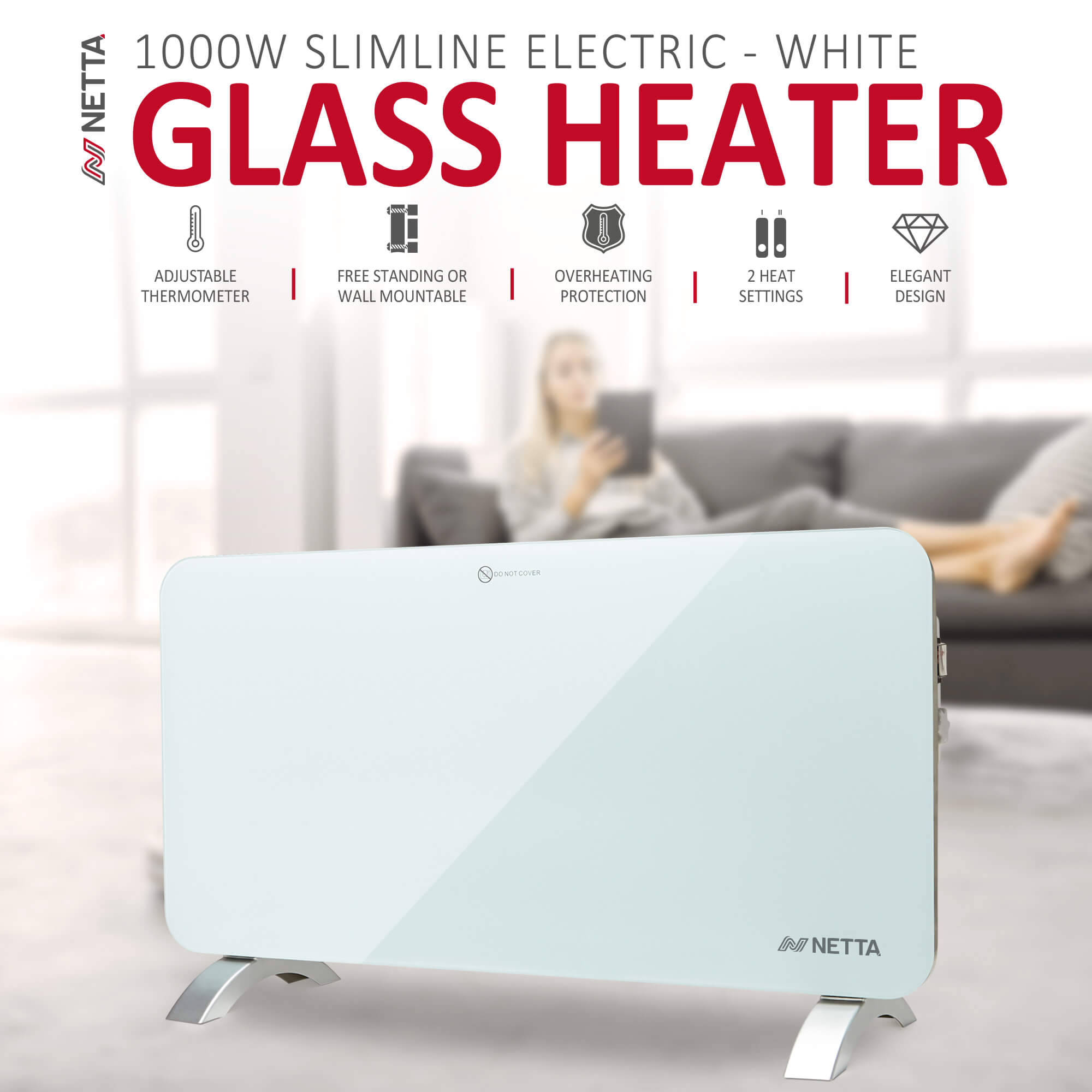 NETTA 1000W Slimline Glass Panel Heater - White