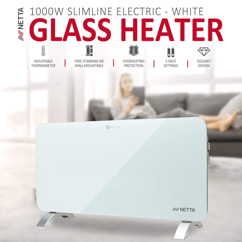 1000W Slimline Glass Panel Heater - White