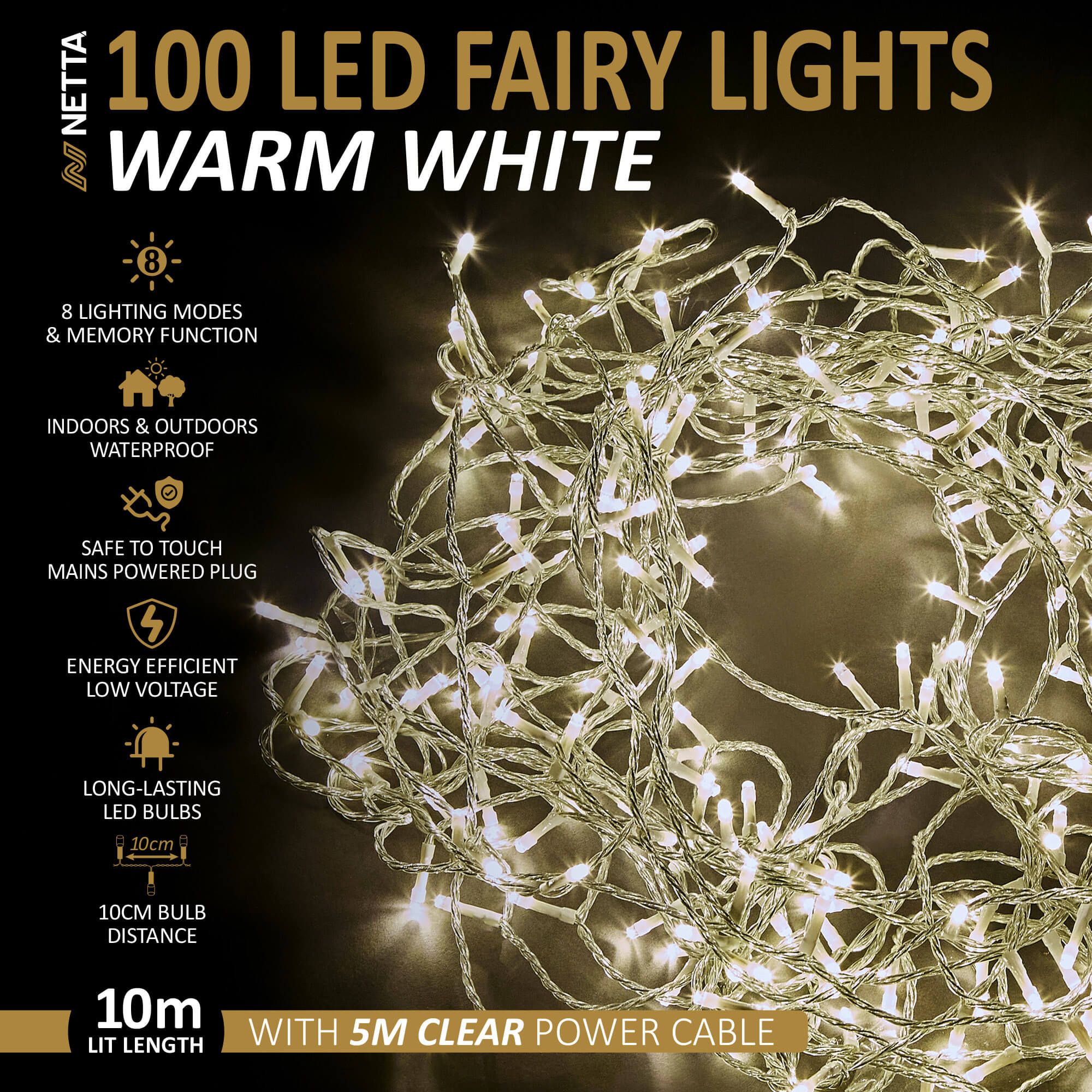 NETTA 100LED Fairy String Lights - Warm White, Clear Cable