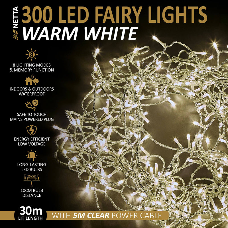 300LED Fairy String Lights - Warm White, Clear Cable
