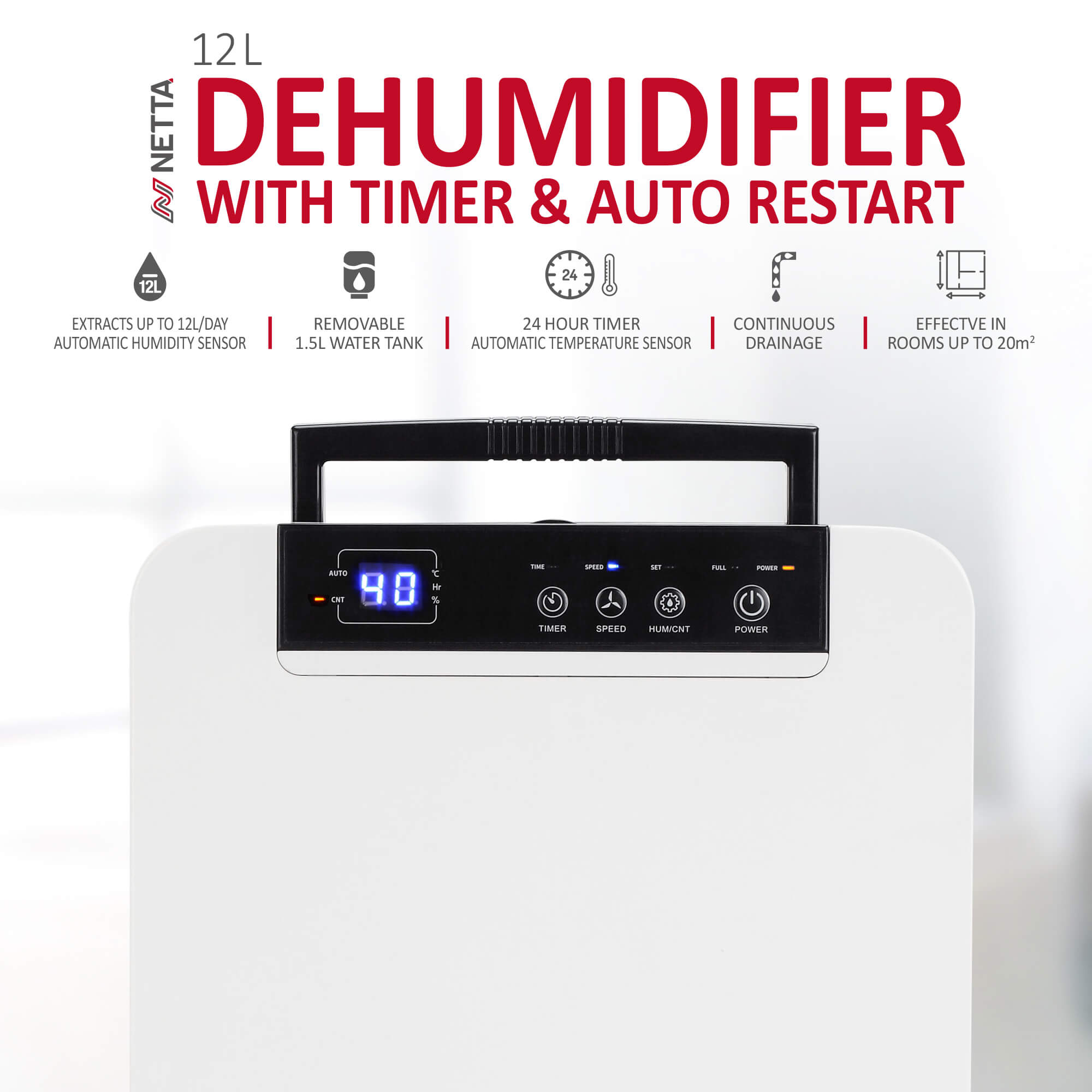 NETTA 12L Low Energy Dehumidifier Continuous Drainage Timer - Ideal for Damp, Condensation and Laundry Drying