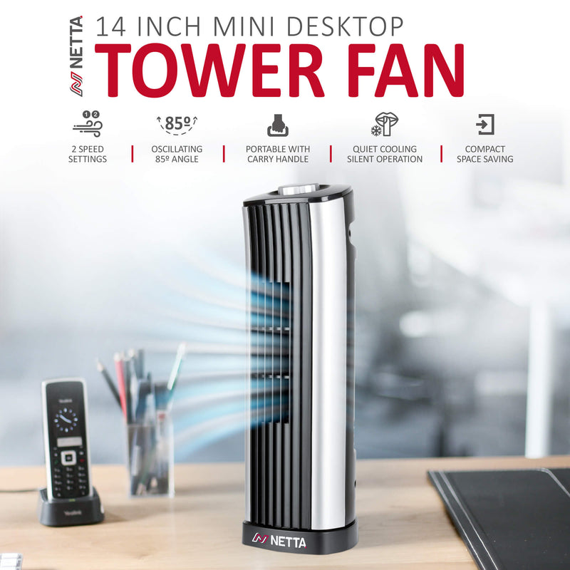 14 Inch Desk Tower Fan - Black & Silver
