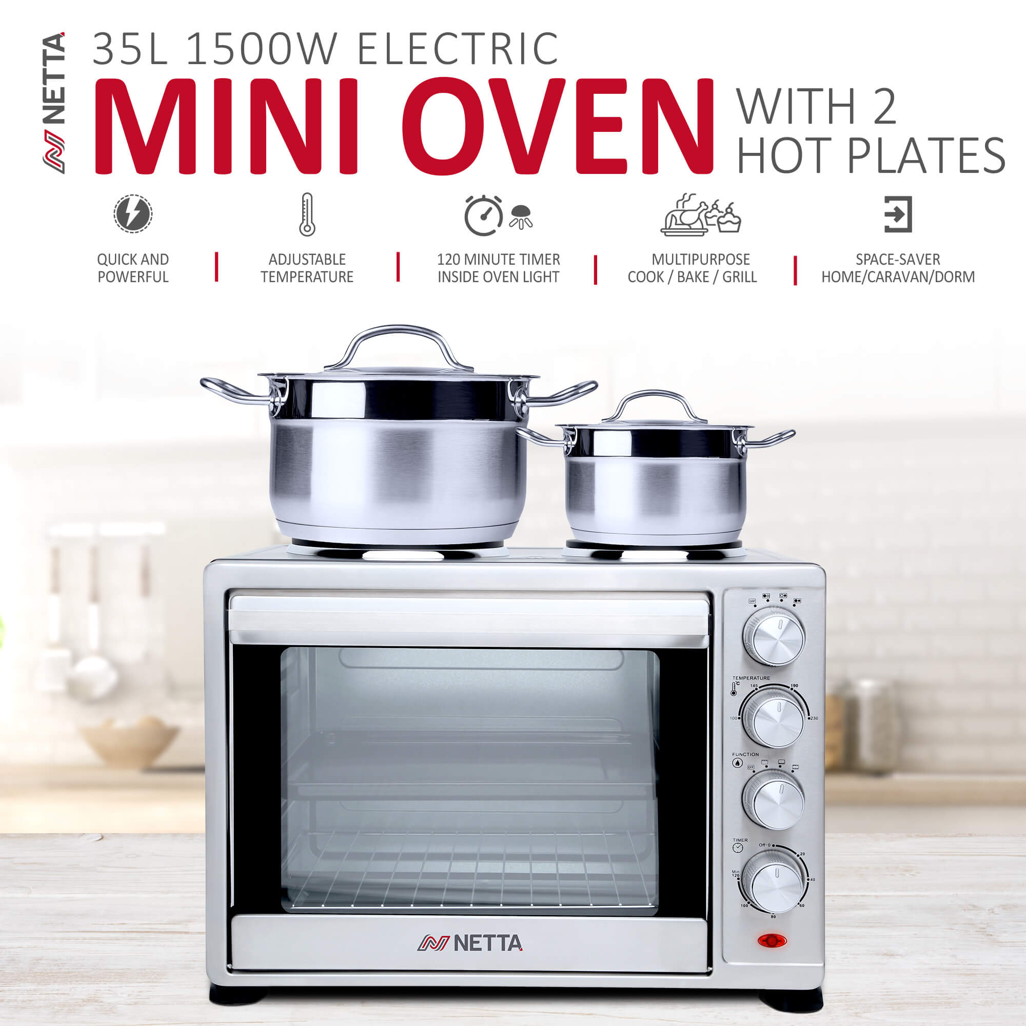 NETTA 35L Mini Oven with Dual Hot Plates