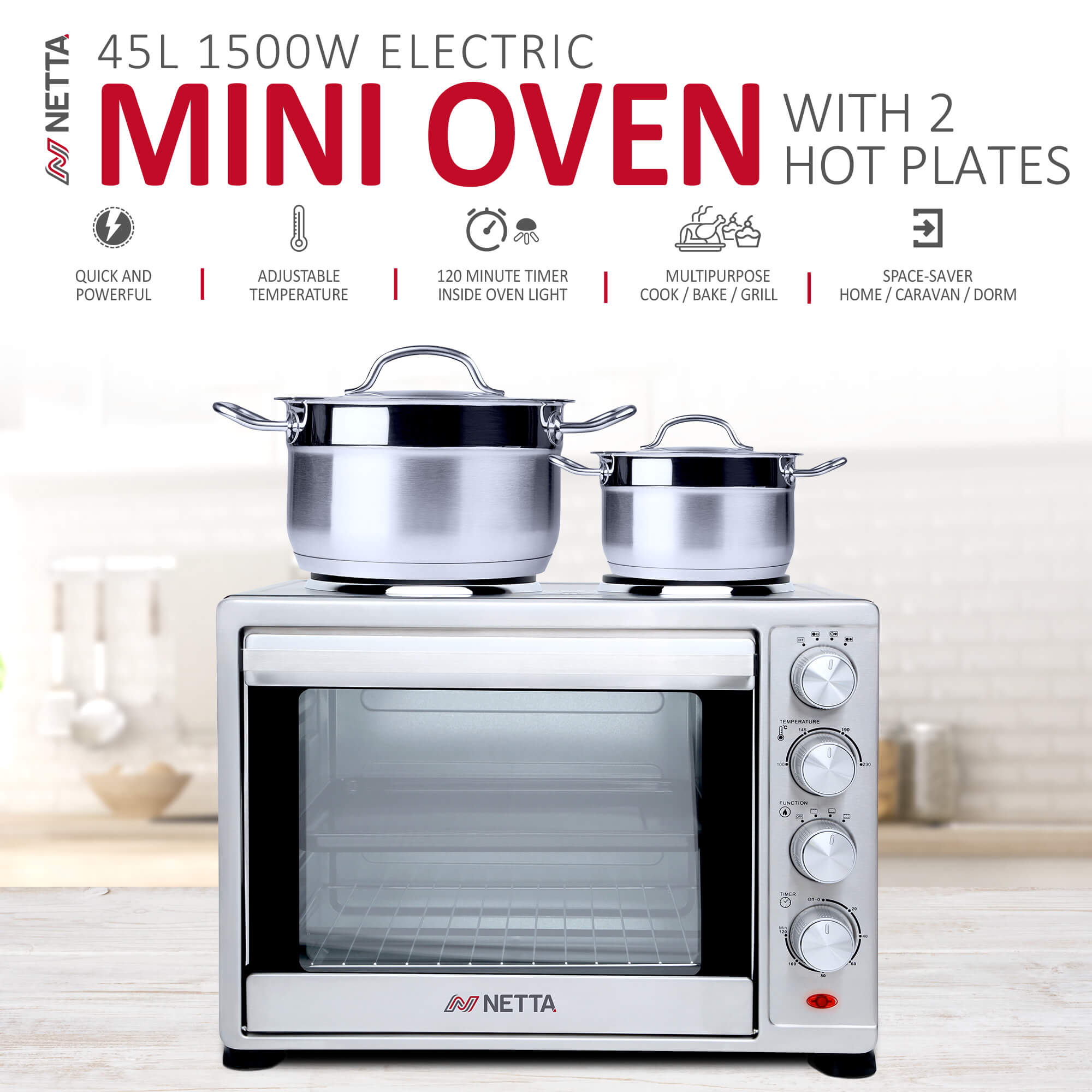 NETTA 45L Mini Oven with Dual Hot Plates