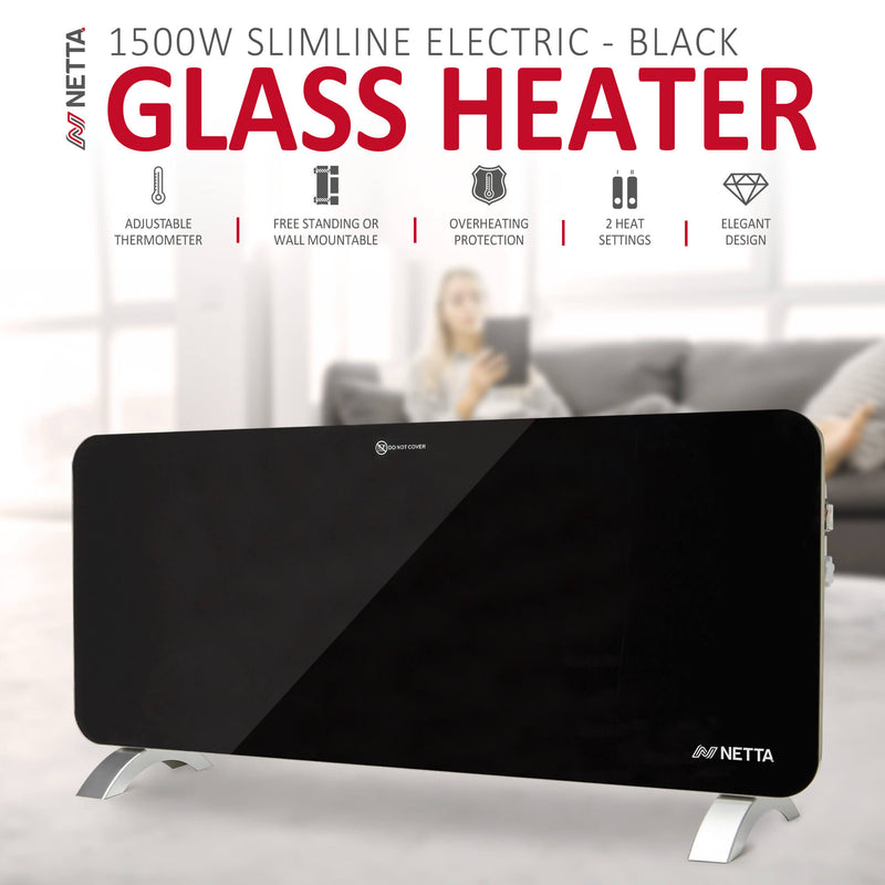 1500W Slimline Glass Panel Heater - Black