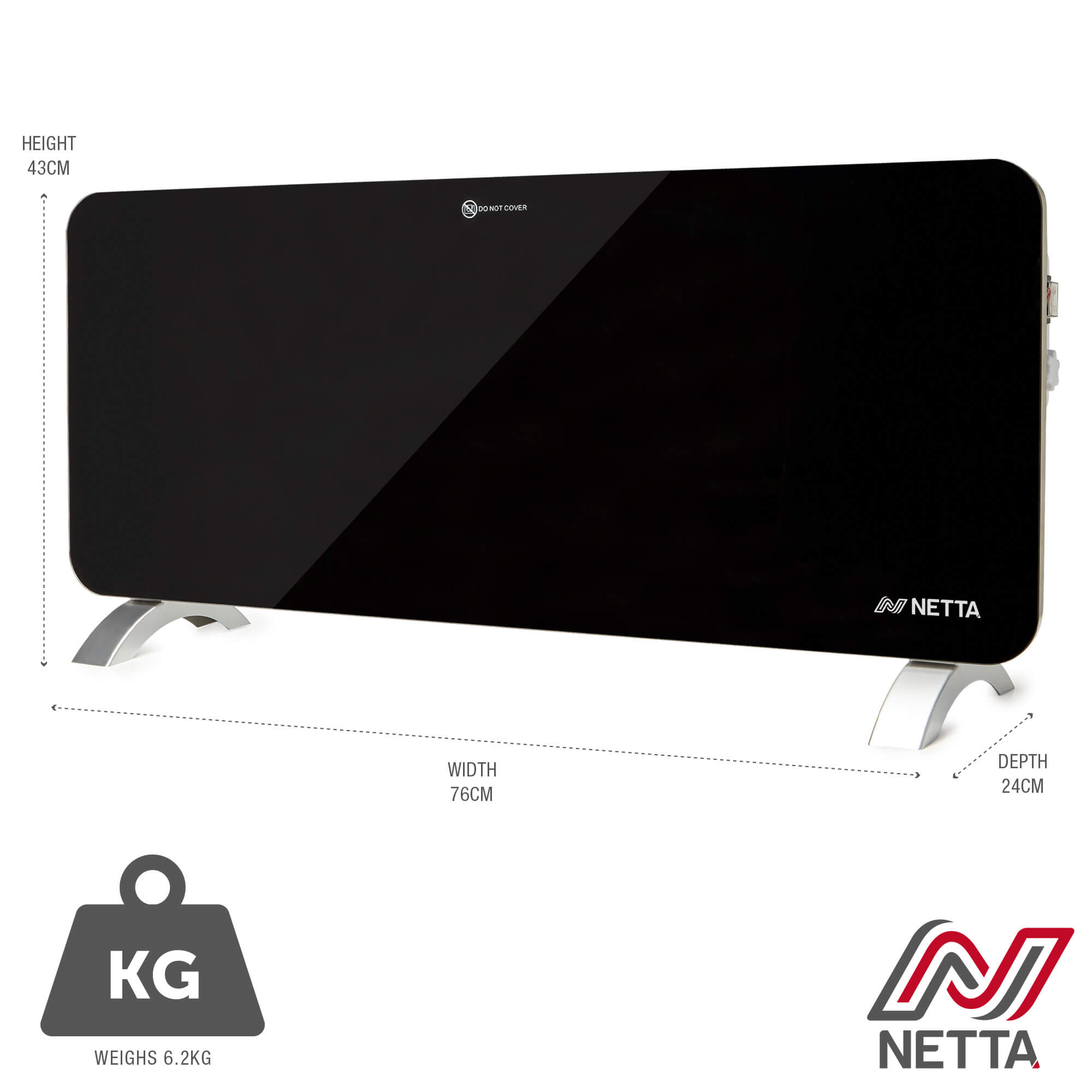 NETTA 1500W Slimline Glass Panel Heater - Black