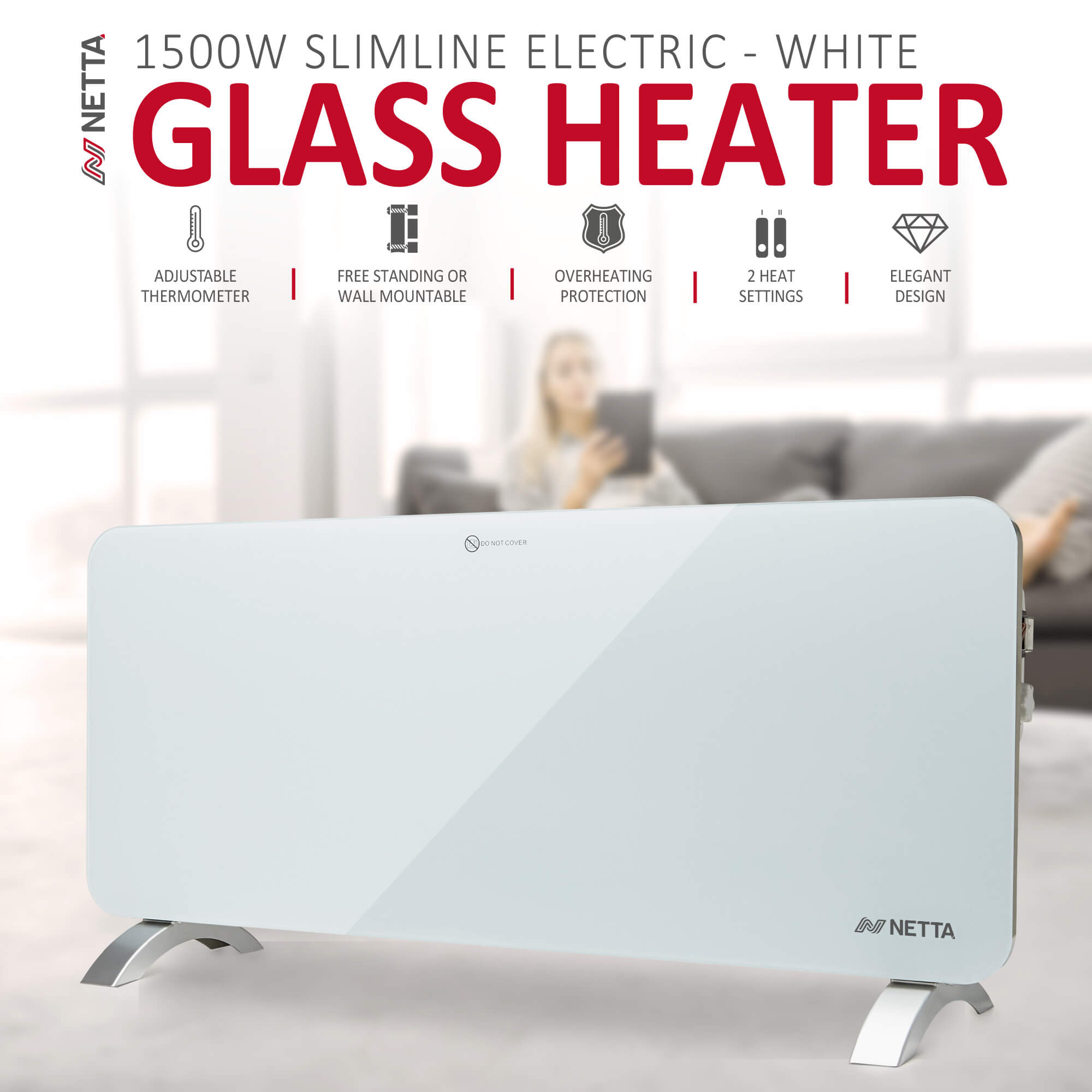 NETTA 1500W Slimline Glass Panel Heater - White
