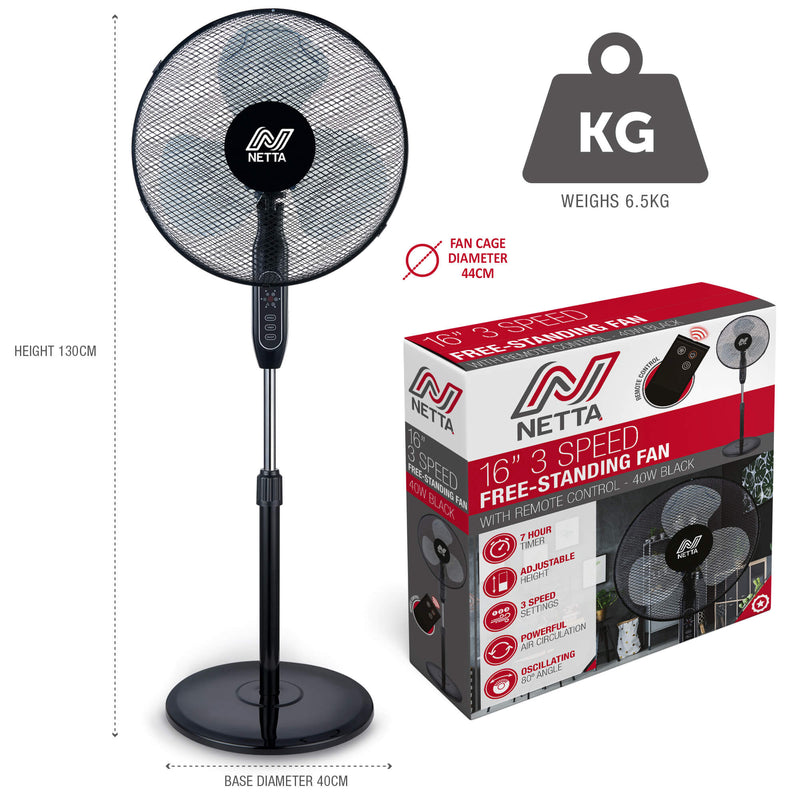 16 Inch Pedestal Fan With Remote Control - Black