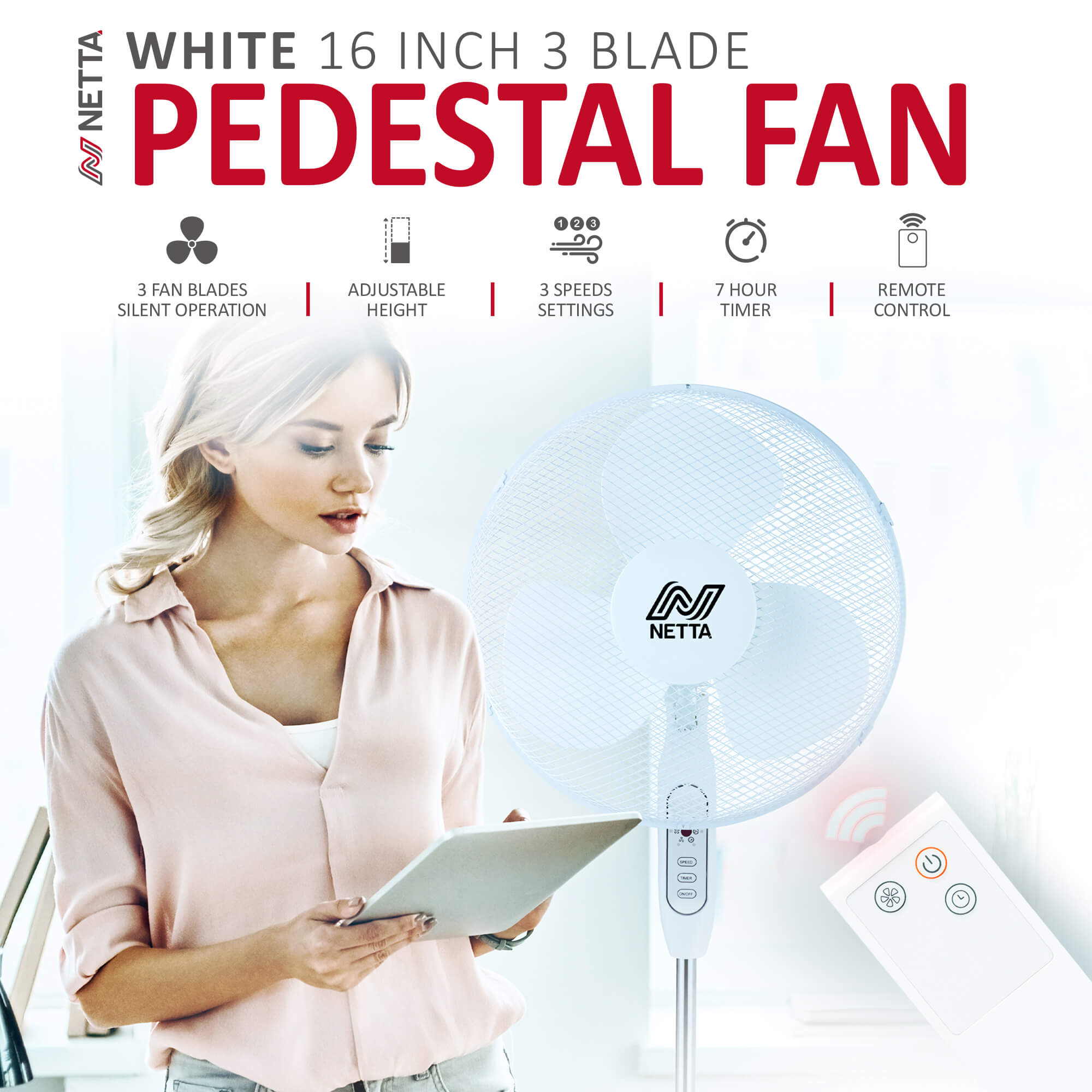 NETTA 16 Inch Pedestal Fan With Remote Control - White