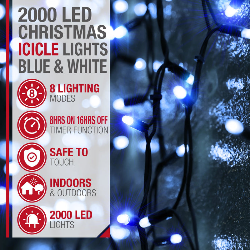 2000LED Icicle String Lights - Blue & Cool White