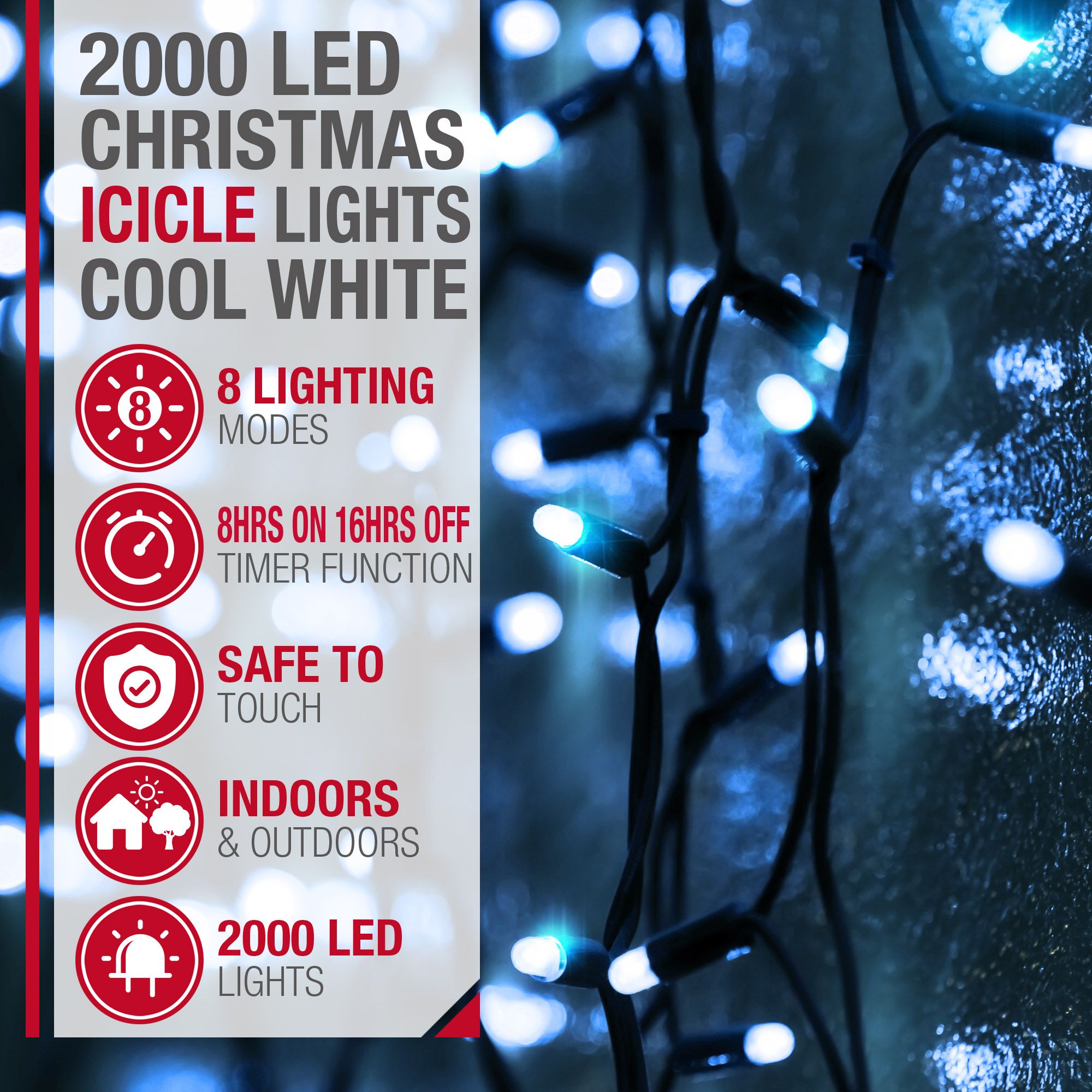 NETTA 2000LED Icicle String Lights - Cool White