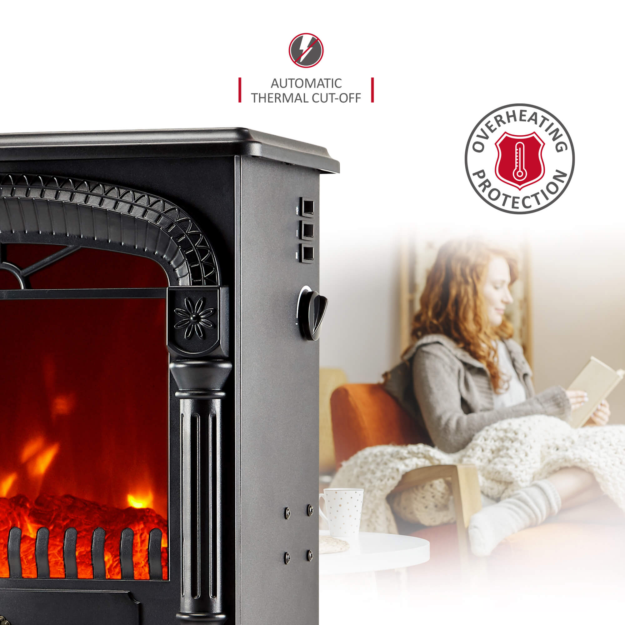 NETTA Electric Stove Heater Fireplace Fire Log Effect 2000W - Black ARCH