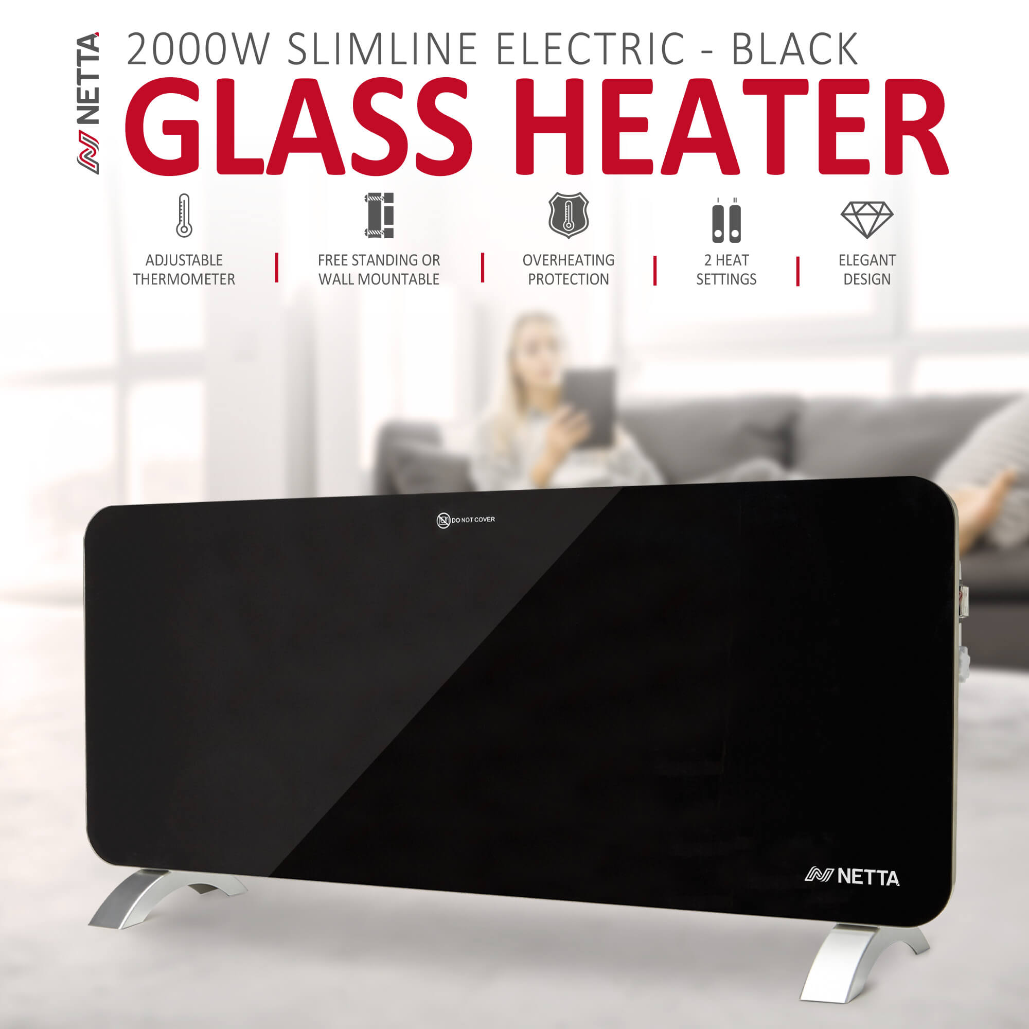 NETTA 2000W Slimline Glass Panel Heater - Black