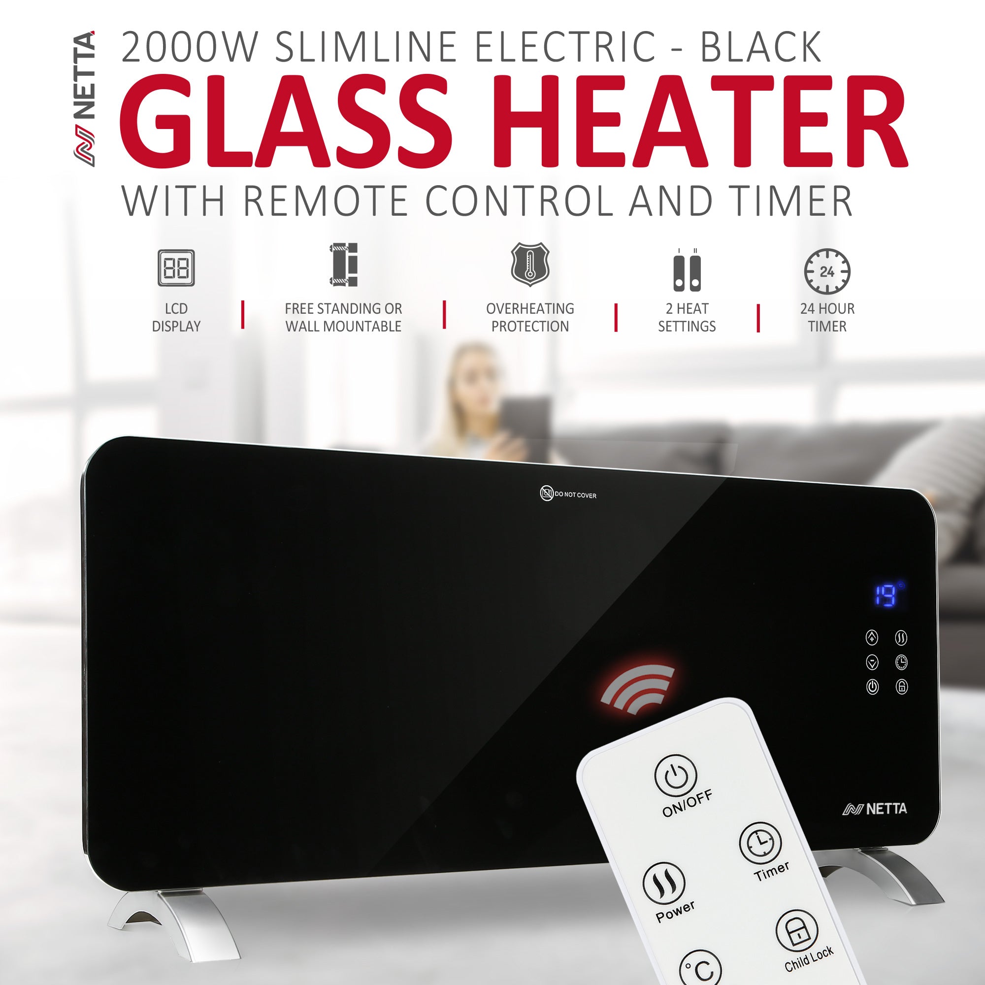 2000W Glass Panel Heater with 24 Hour Timer - Black