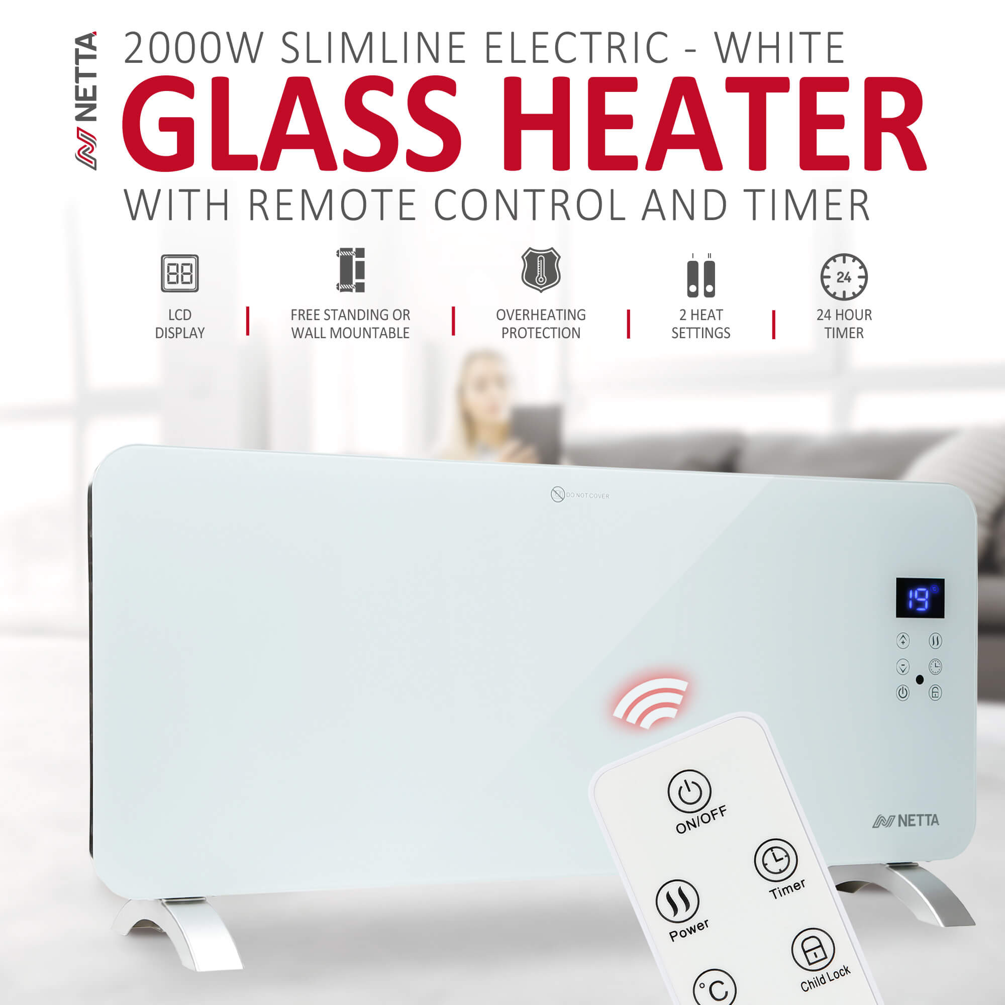 2000W Glass Panel Heater with 24 Hour Timer - White