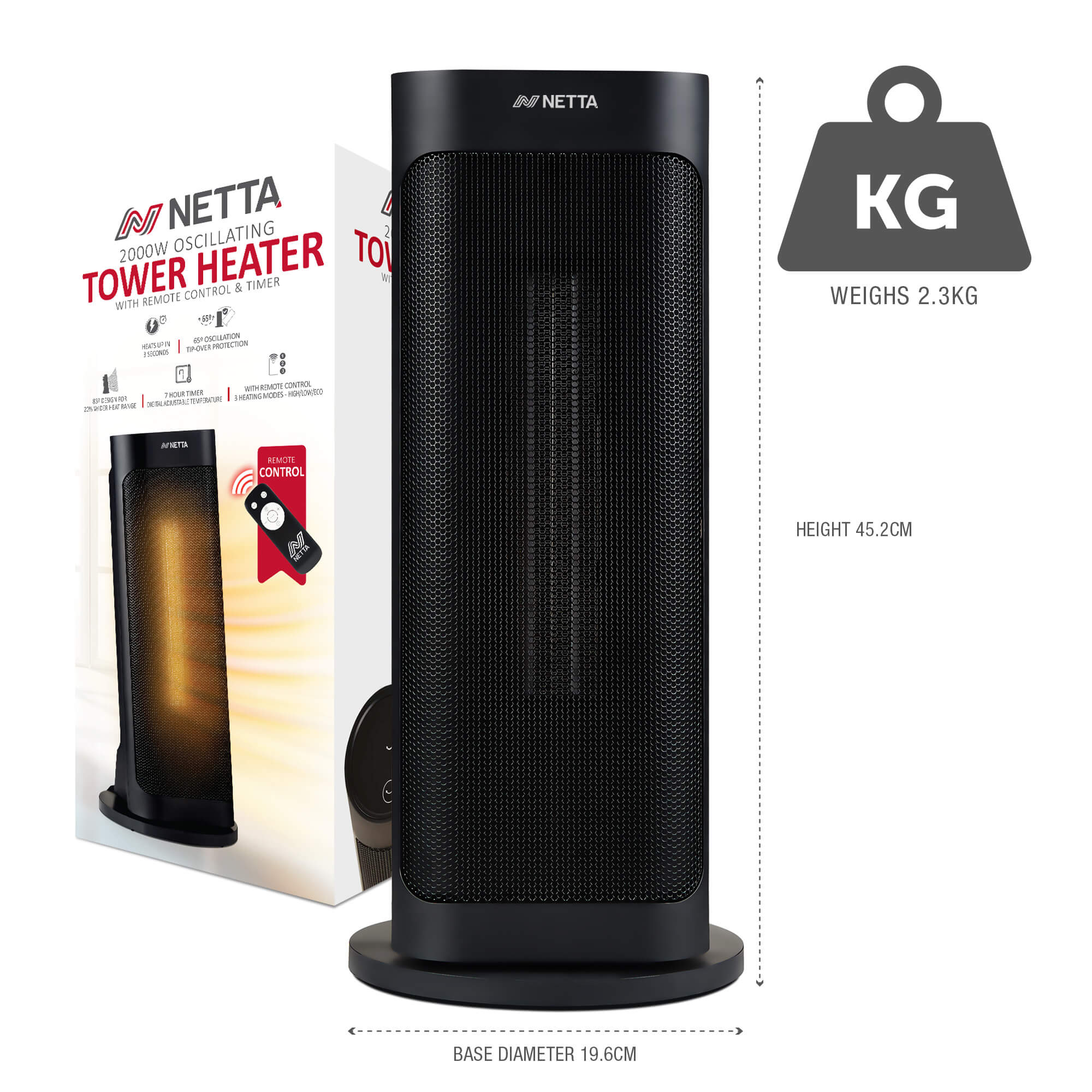 2000W Fast Heating Ceramic Portable Tower Heater with Timer & Remote Control - Black