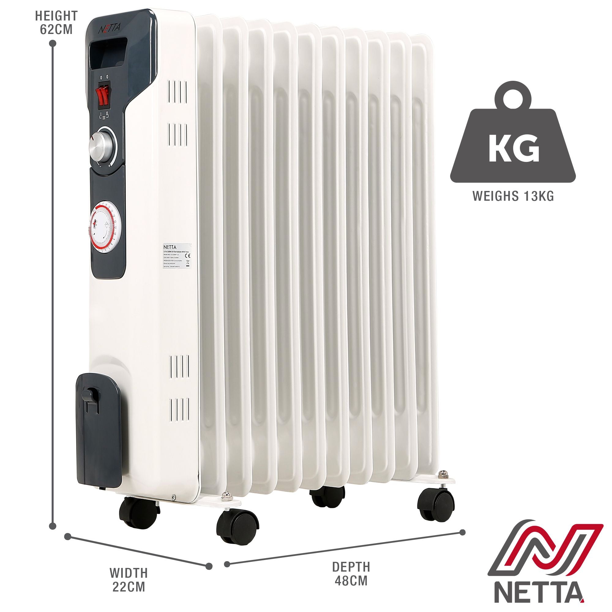 2500W 11 Fin Oil Filled Radiator With Timer - White