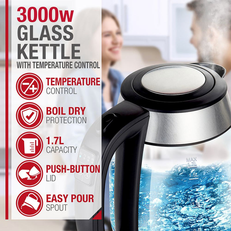 NETTA 1.7L Illuminated Glass Kettle with Temperature Control - 3000W