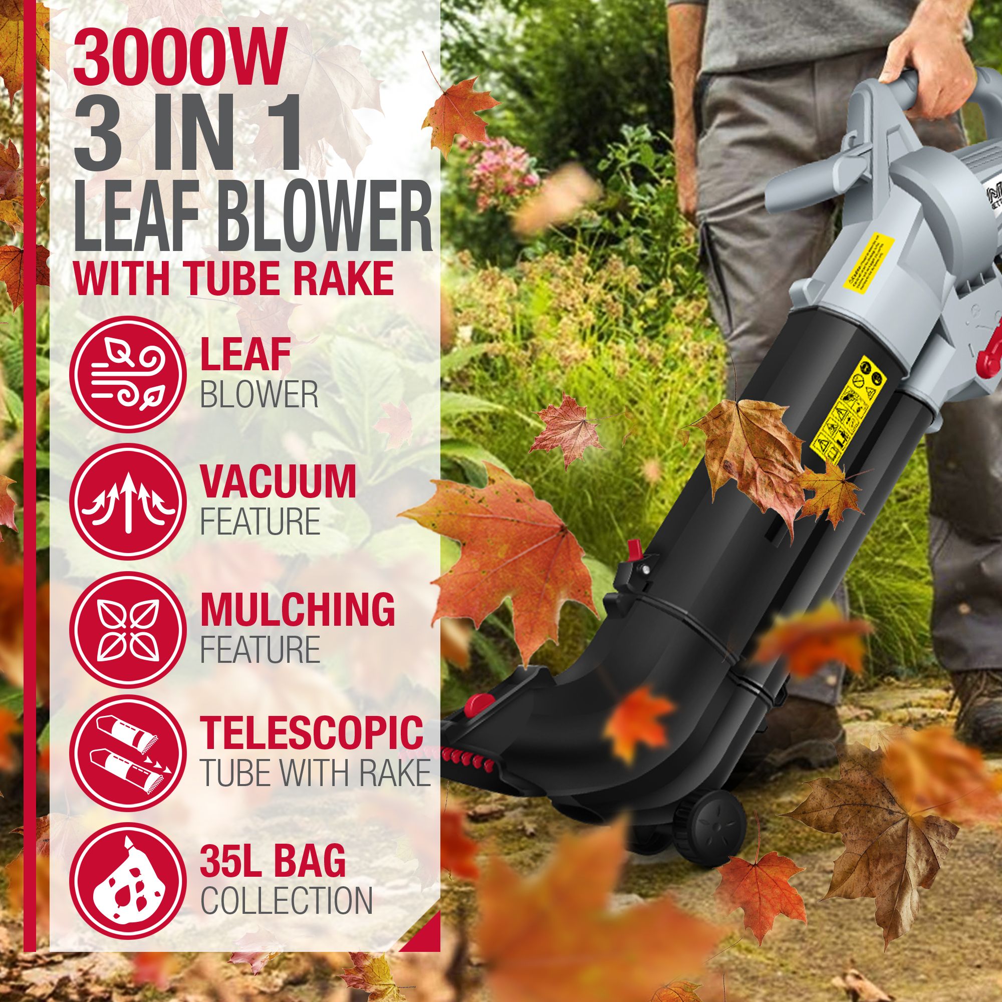 NETTA 3 in 1 Electric Leaf Blower, Vacuum and Mulcher with Rake - 3000W