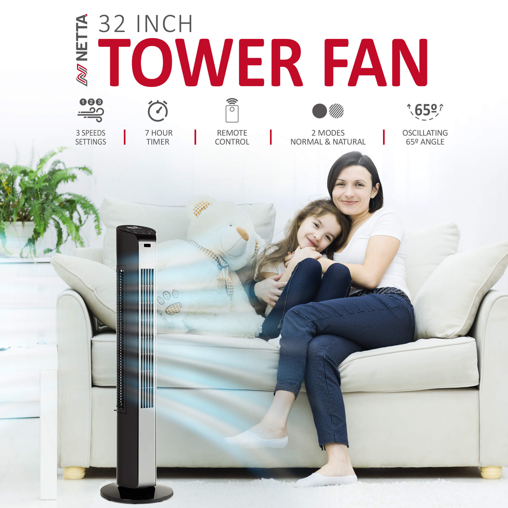 NETTA 32 Inch Tower Fan with 7-Hour Timer - Black