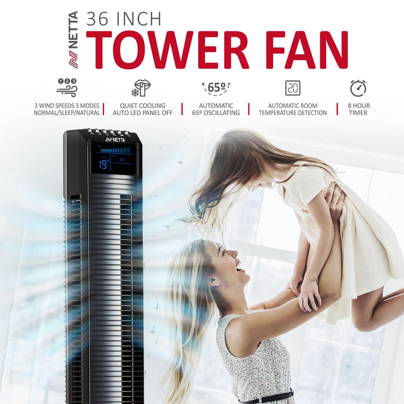 NETTA 36 Inch Tower Fan With Remote Control, Timer Quiet Cooling for Living Room, Bedroom, Office - Black