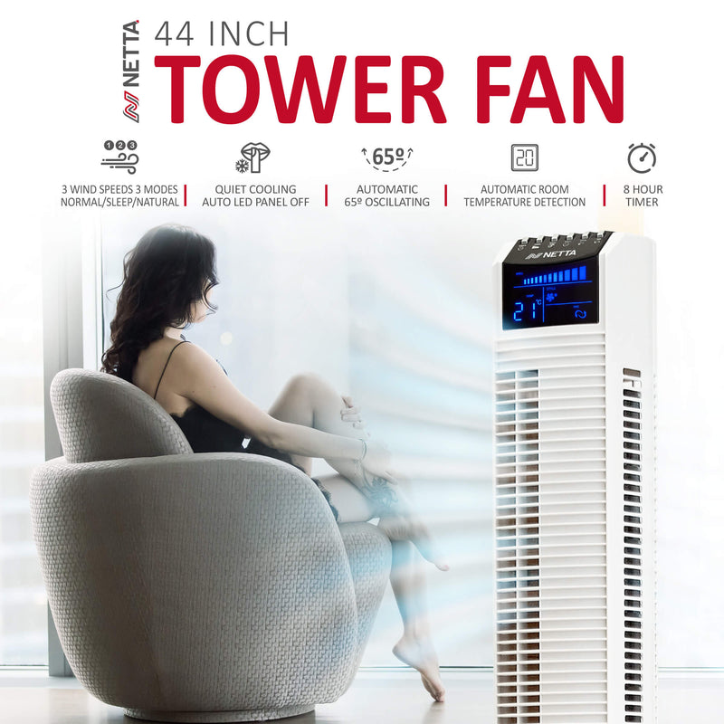 44 Inch Tower Fan with 8-hour Timer - White