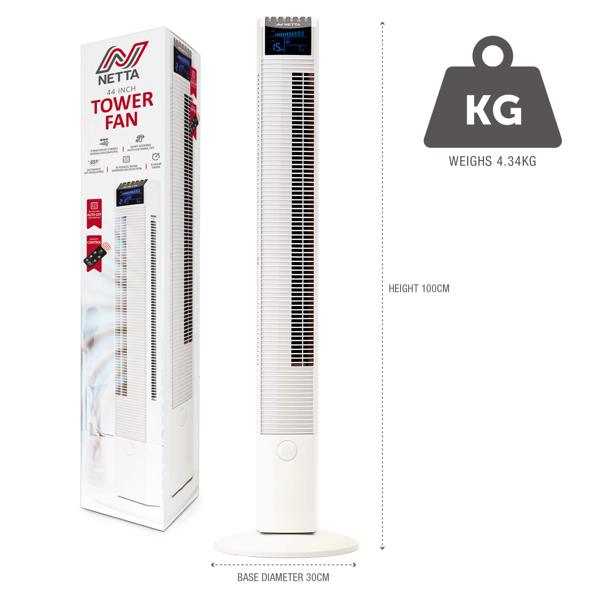 NETTA 44 Inch Tower Fan with 8-hour Timer - White