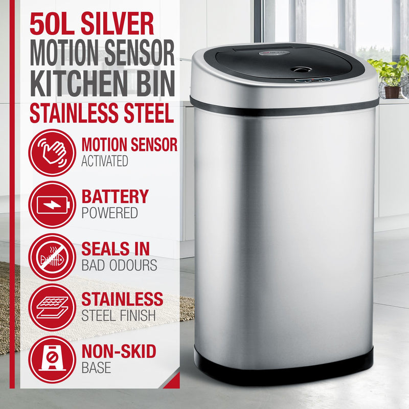 50 Litre Motion Sensor Bin Rubbish Waste Bin Stainless Steel - 50L