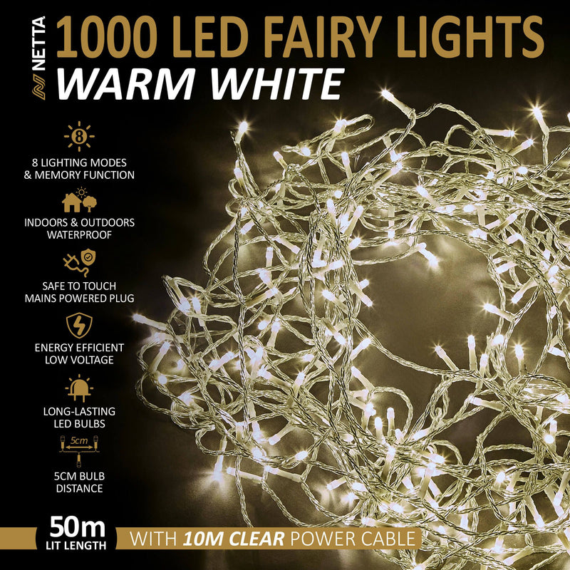 1000LED Fairy String Lights - Warm White, Clear Cable