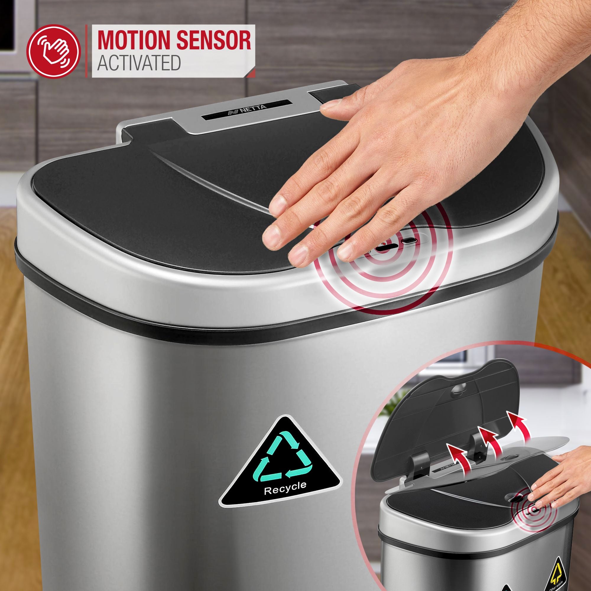 NETTA Sensor Bin with Dual Compartment - Stainless Steel - 70L
